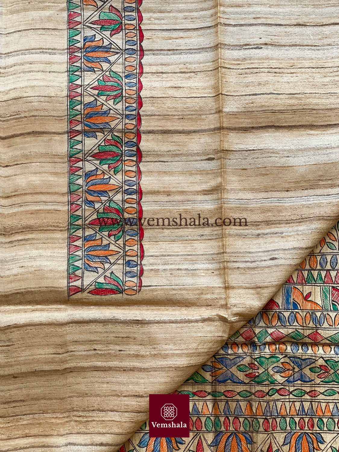 Natural / Multi/Gold Madhubani Silk Saree - Vemshala