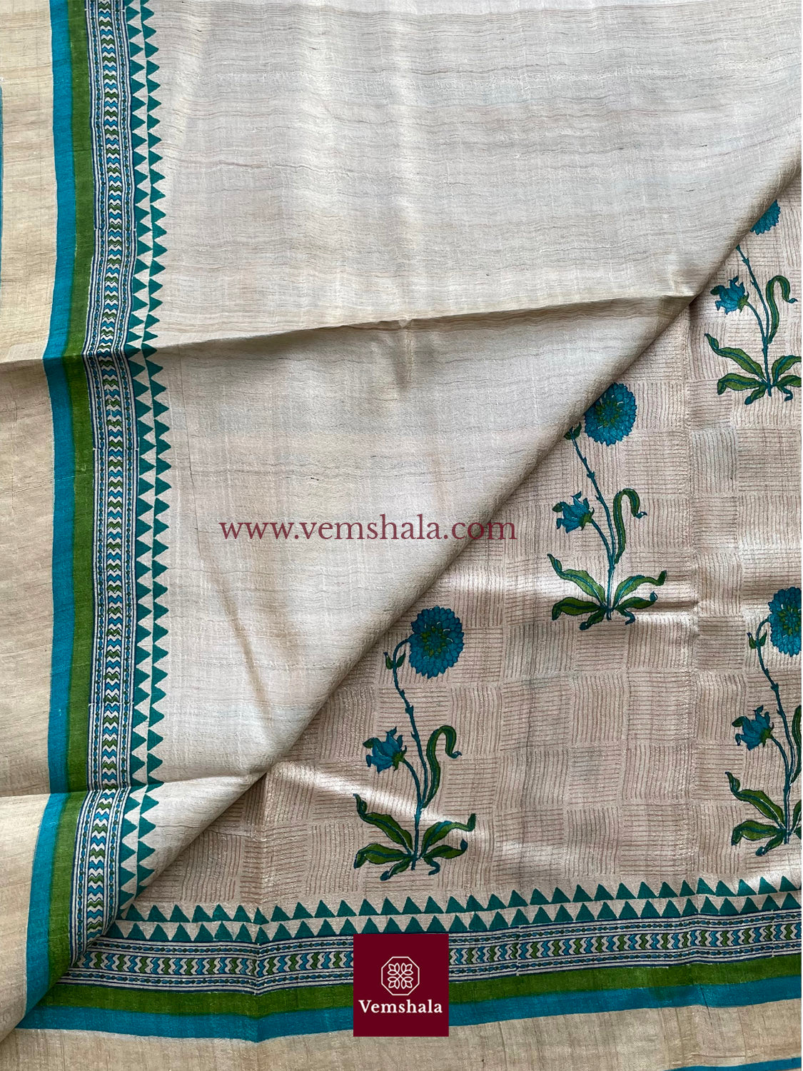 Natural/Green/ Turquoise Blue Hand Block Print Tussar Silk Saree: Guldaar - Vemshala