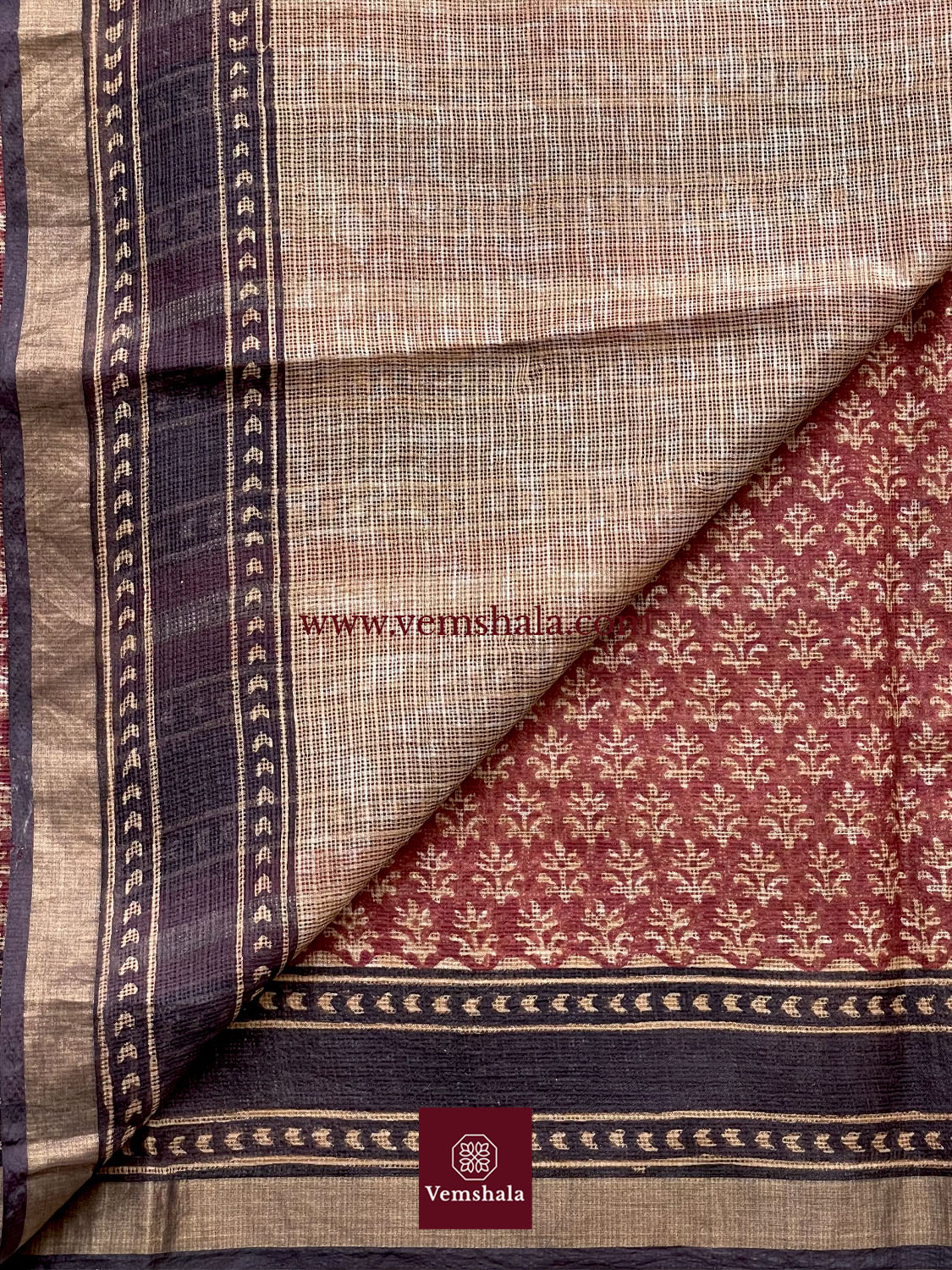 Red/ Ecru/ Black Bagru Hand block print Kota Silk Saree : Oorjaa - Vemshala