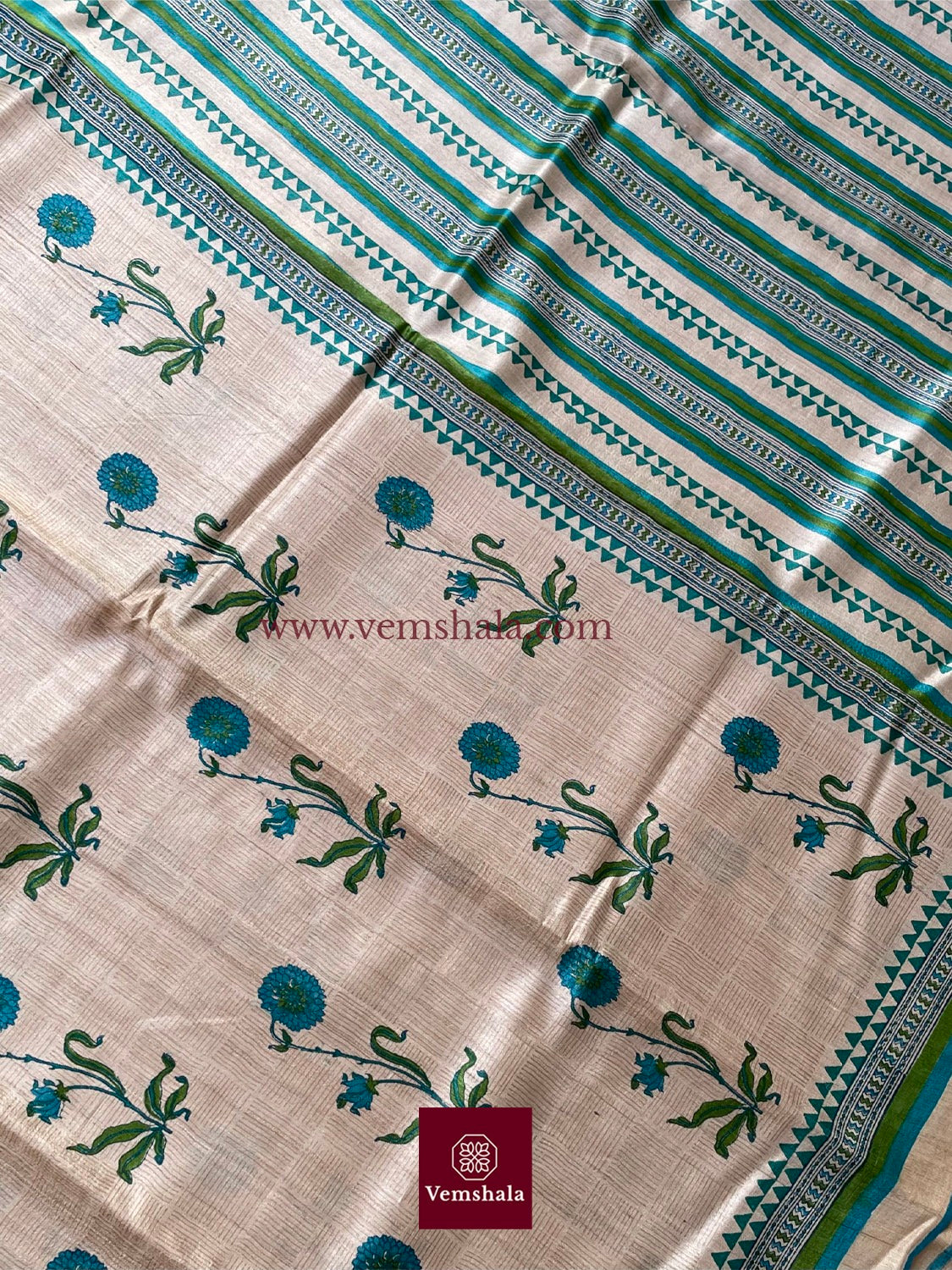 Natural/Green/ Turquoise Blue Hand Block Print Tussar Silk Saree: Guldaar - Vemshala