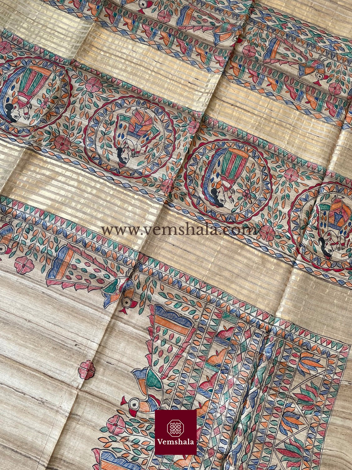 Natural / Multi/Gold Madhubani Silk Saree - Vemshala