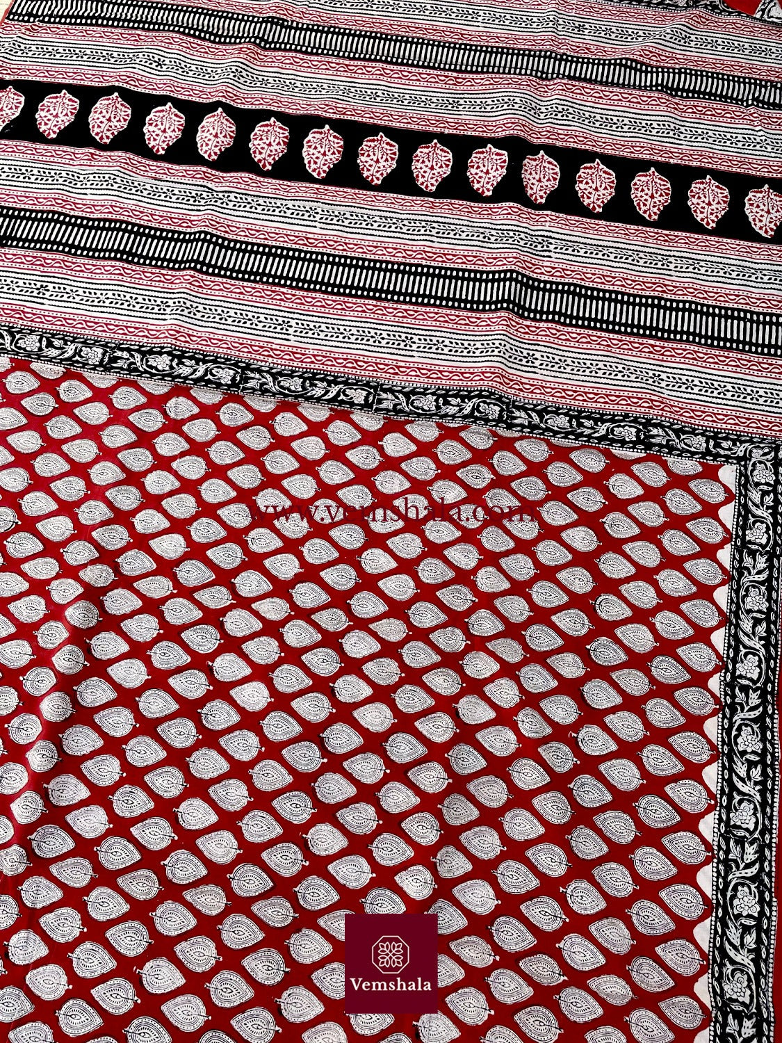 Red/ Ecru/ Black Bagru Handblock Print Cotton Saree : Trishaya - Vemshala