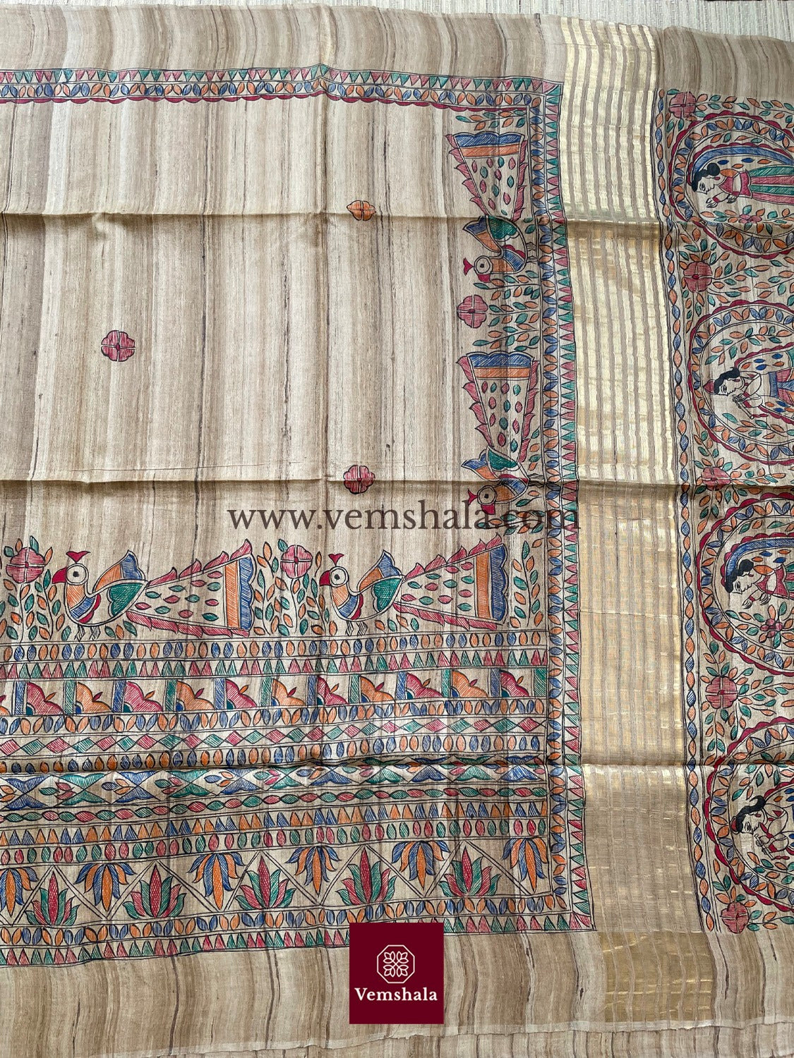 Natural / Multi/Gold Madhubani Silk Saree - Vemshala