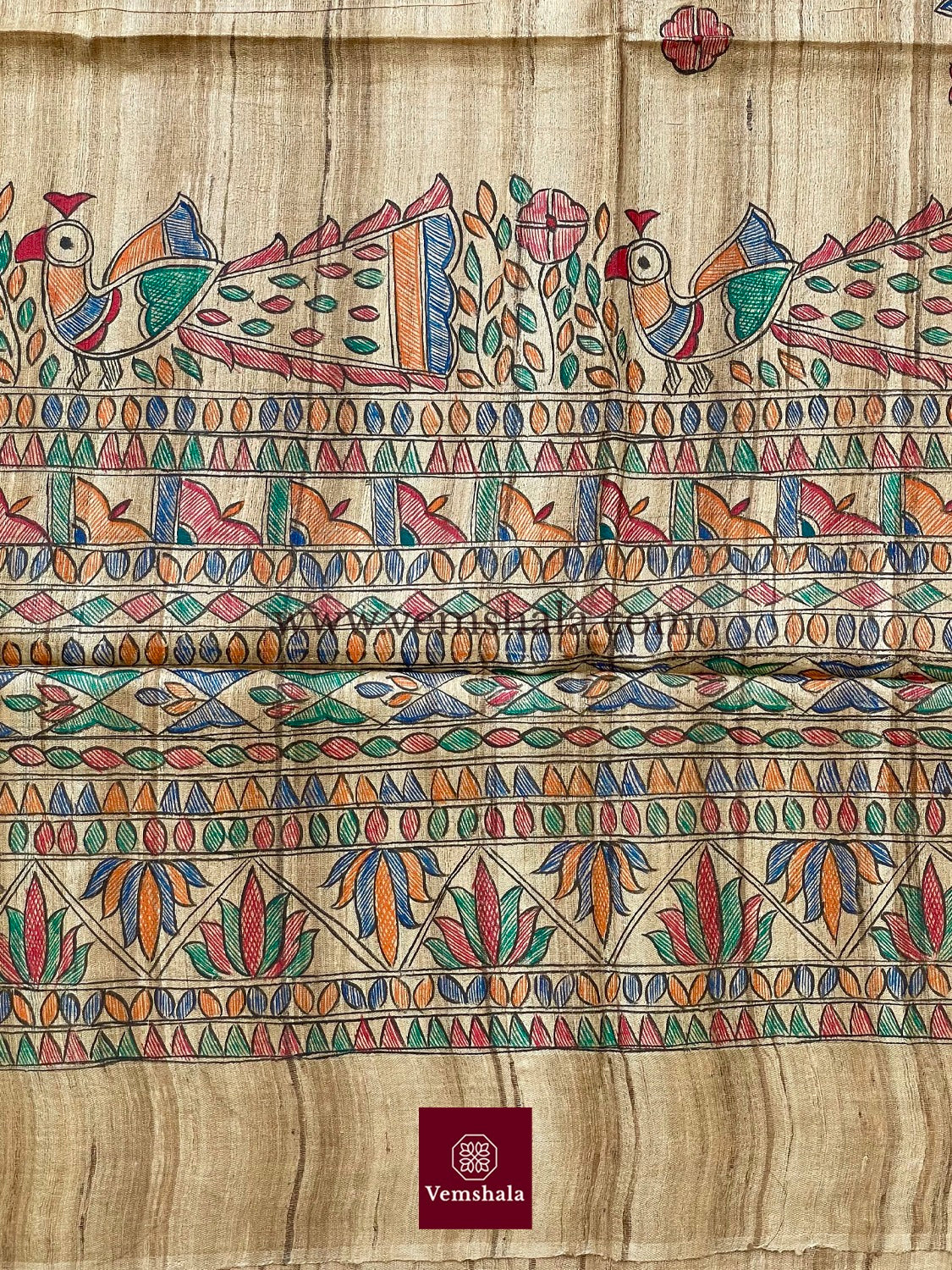 Natural / Multi/Gold Madhubani Silk Saree - Vemshala