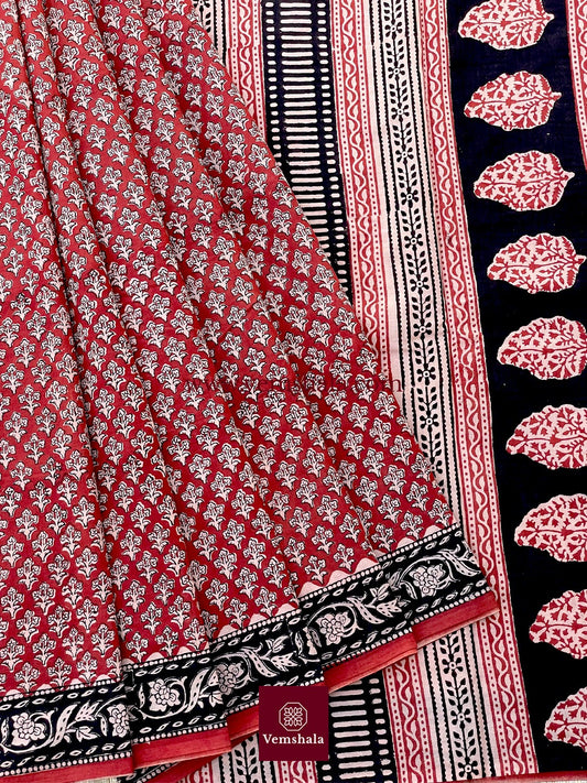 Red/ Ecru/ Black Bagru Handblock Print Cotton Saree : Kritisha - Vemshala