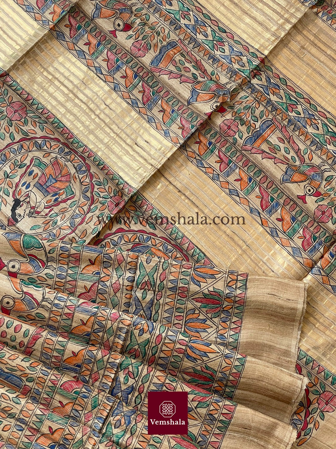 Natural / Multi/Gold Madhubani Silk Saree - Vemshala