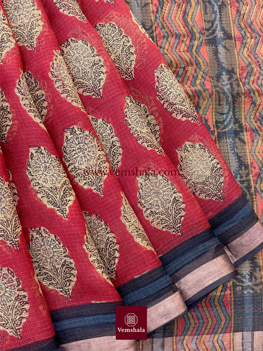 Red/ Ecru/Gold/Black Bagru Hand block print Kota Silk Saree : Suhani - Vemshala