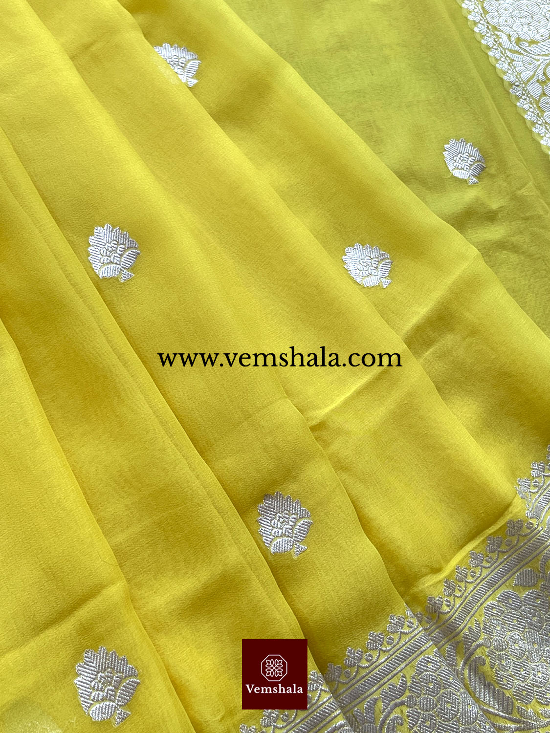 Sunshine yellow Banarasi Khaddi-Georgette Saree : Bhor - Vemshala