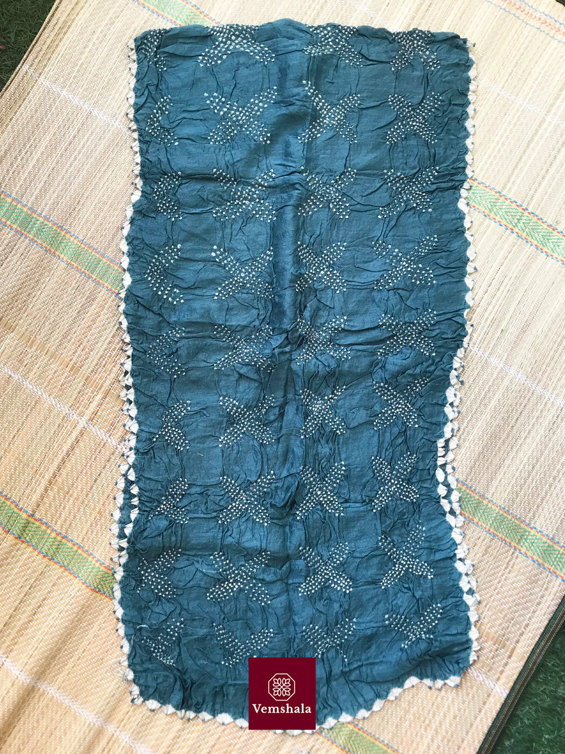 Teal Tussar Silk Bandhani / Bhandej Stole - Vemshala