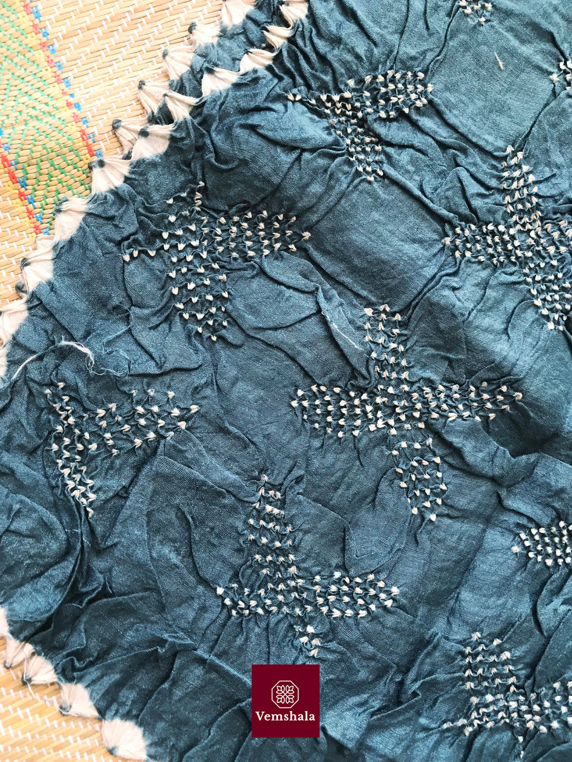 Teal Tussar Silk Bandhani / Bhandej Stole - Vemshala