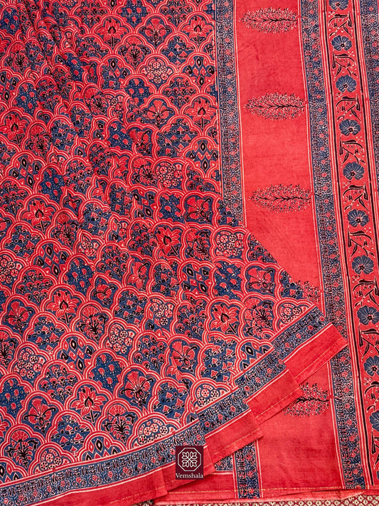 Red / Indigo Ajrakh Hand Block Cotton Saree