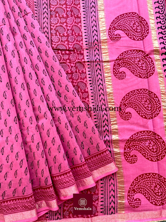 Pink /Black / Red Hand Block Printed Maheshwari Saree : Pushpanjali - Vemshala