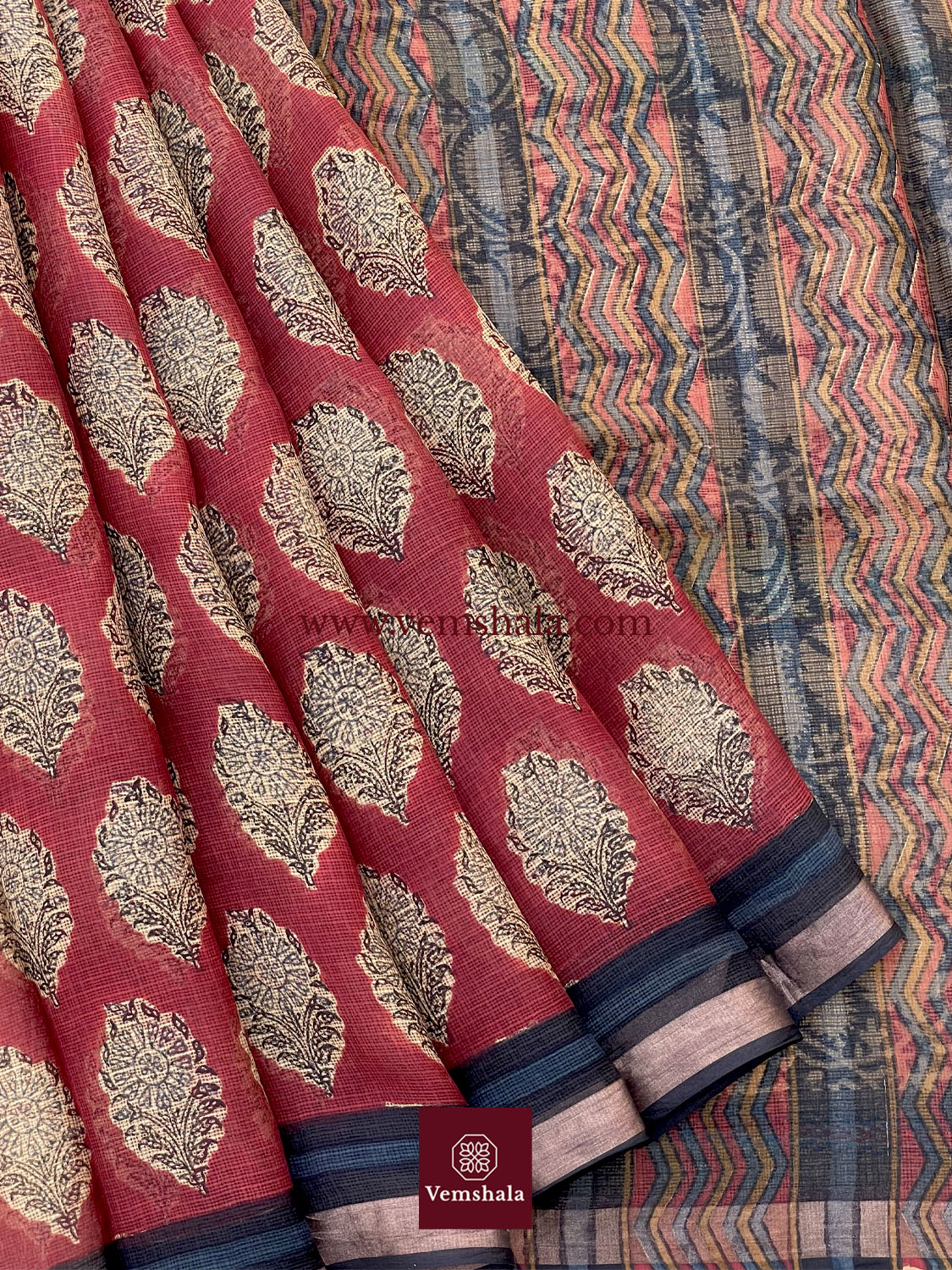 Red/ Ecru/Gold/Black Bagru Hand block print Kota Silk Saree : Suhani - Vemshala