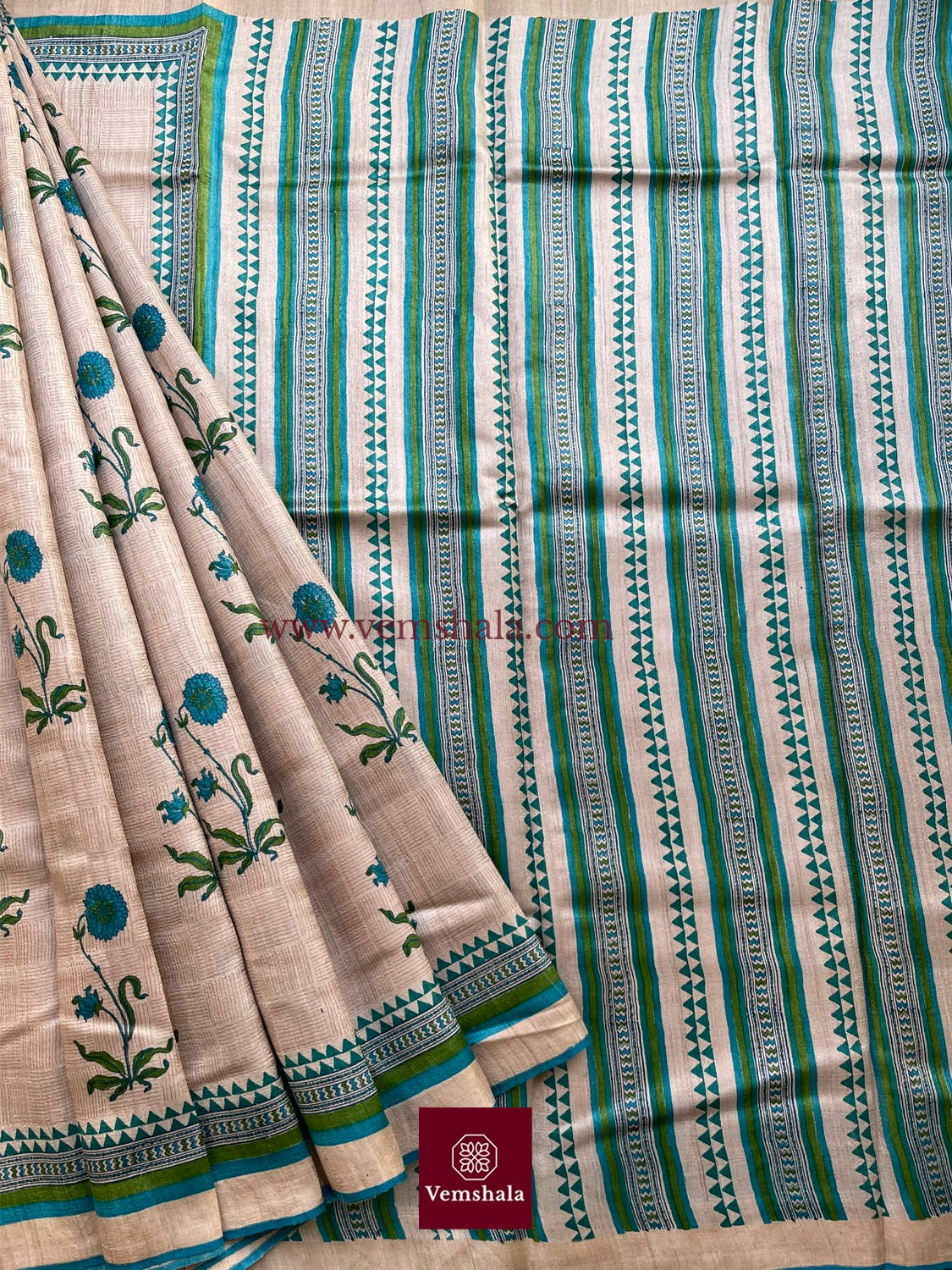 Natural/Green/ Turquoise Blue Hand Block Print Tussar Silk Saree: Guldaar - Vemshala