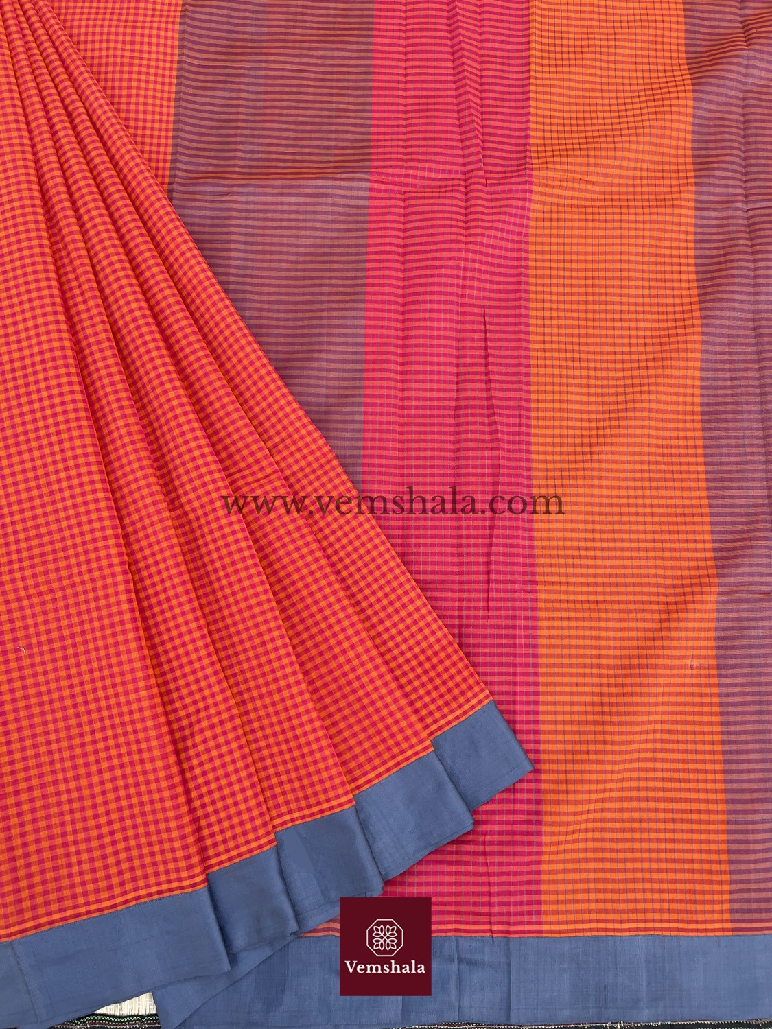 Orange / Pink / Grey Ponduru Cotton Saree :Kunji - Vemshala