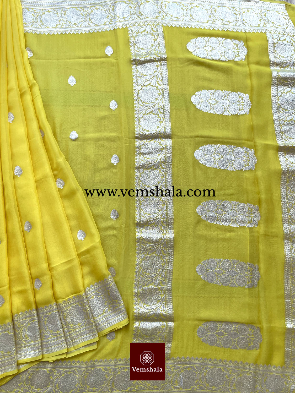 Sunshine yellow Banarasi Khaddi-Georgette Saree : Bhor - Vemshala