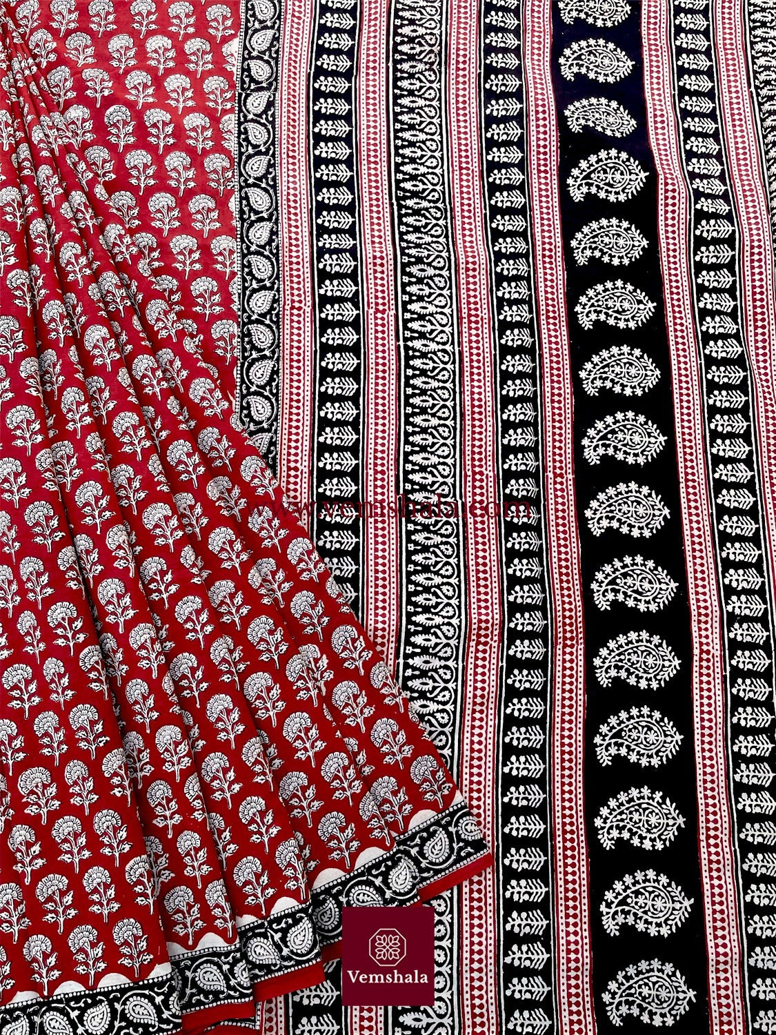 Red/ Ecru/ Black Bagru Handblock Print Cotton Saree : Gulshan - Vemshala