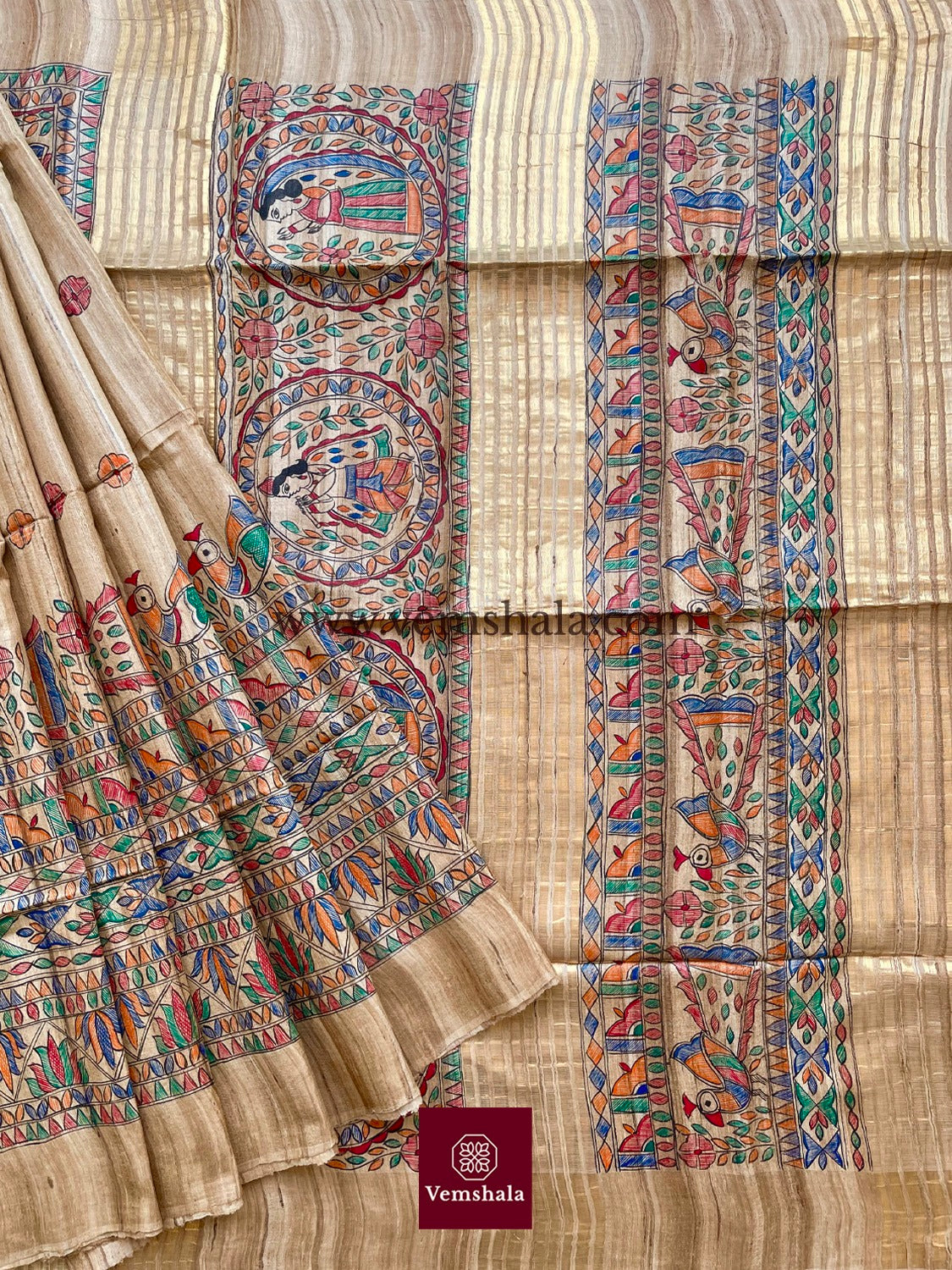 Natural / Multi/Gold Madhubani Silk Saree - Vemshala