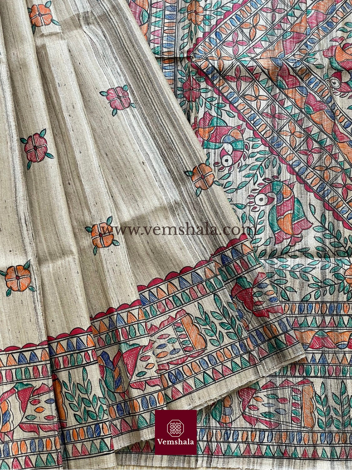 Natural / Multi Madhubani Silk Saree - Vemshala