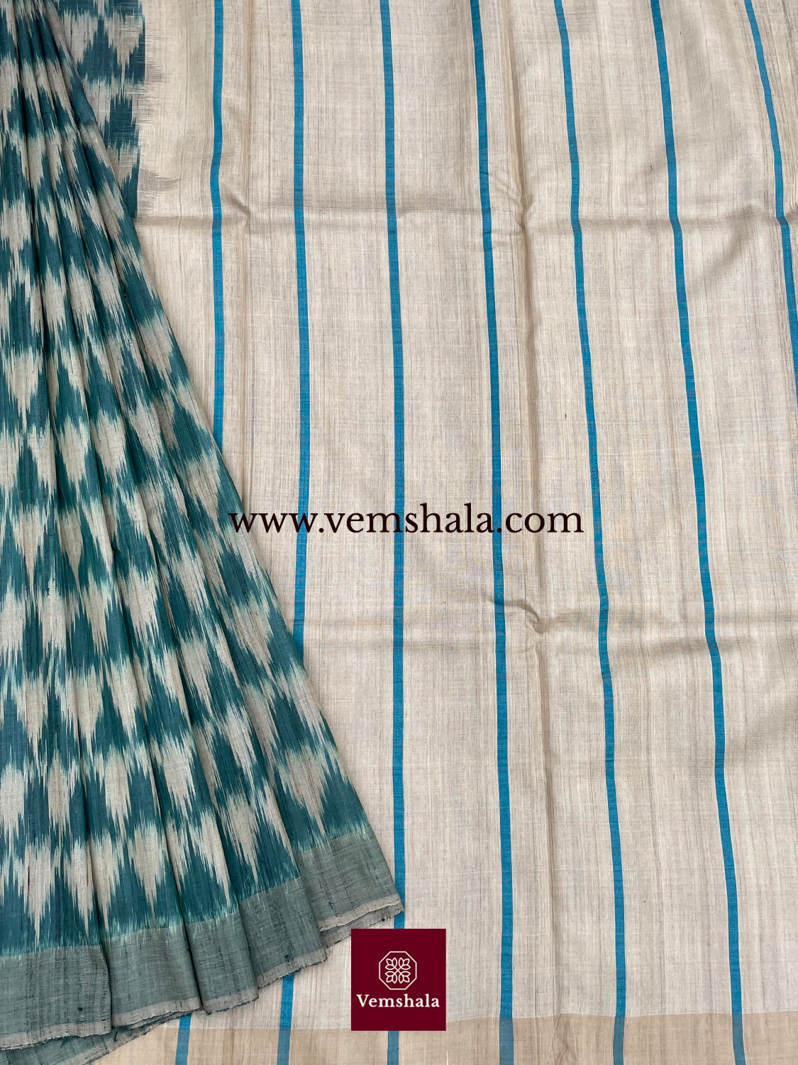 Teal / Natural Gopalpur Tussar Silk Sarees: Shree - Vemshala