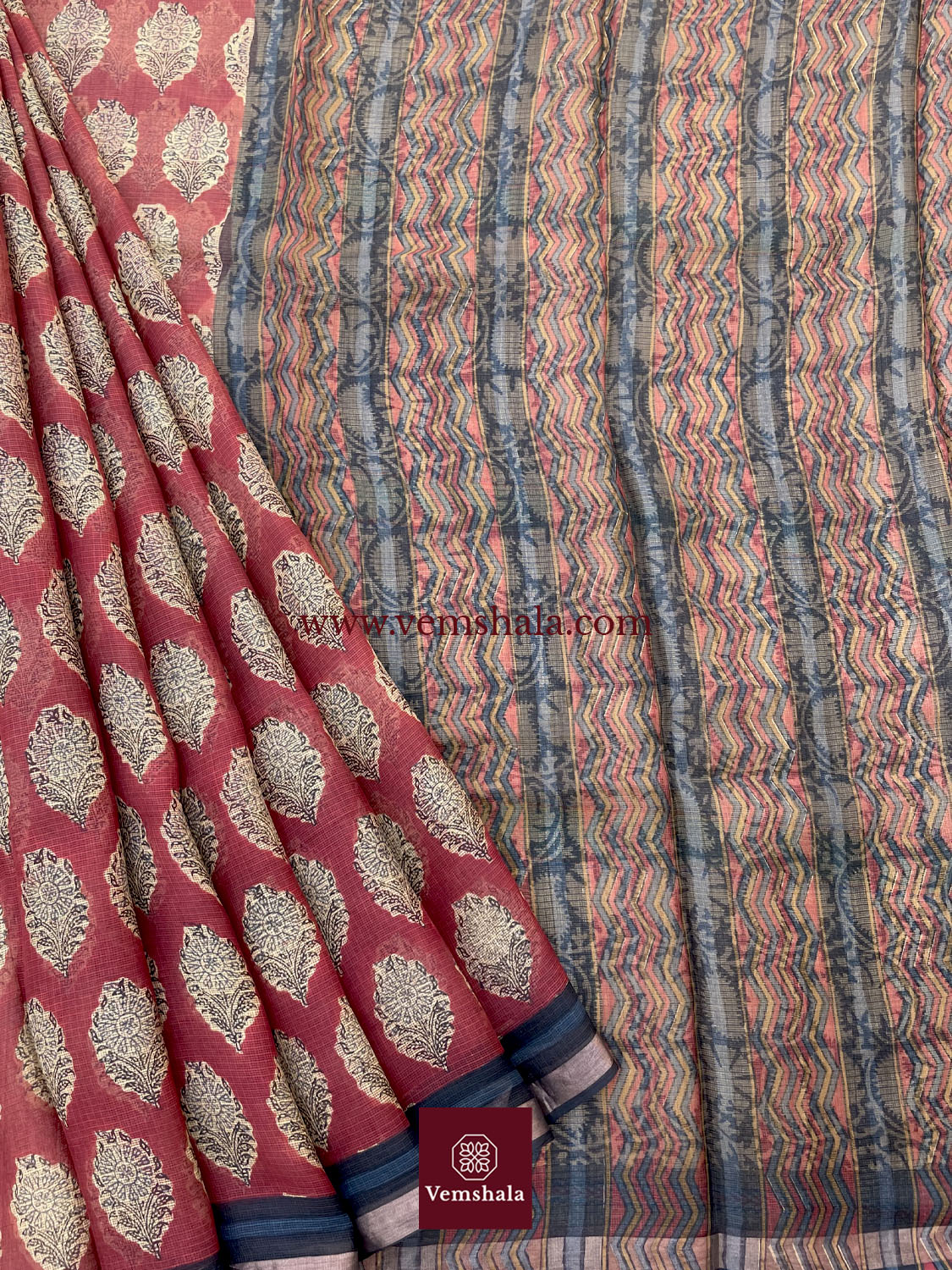 Red/ Ecru/Gold/Black Bagru Hand block print Kota Silk Saree : Suhani - Vemshala