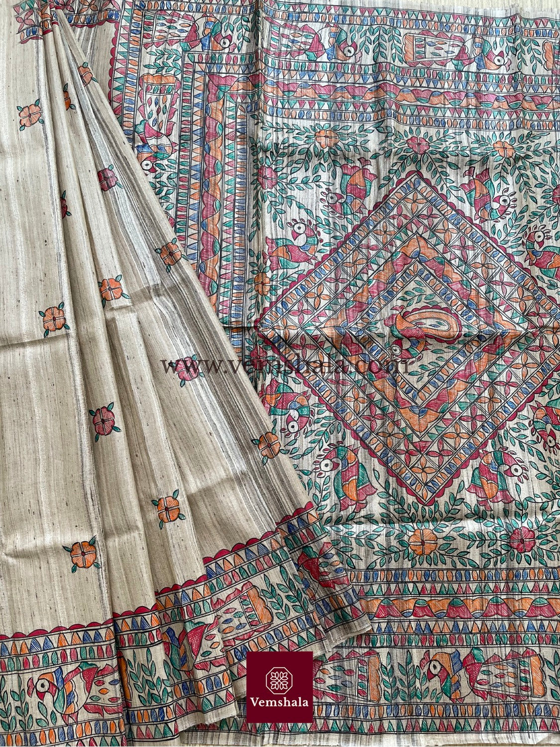 Natural / Multi Madhubani Silk Saree - Vemshala