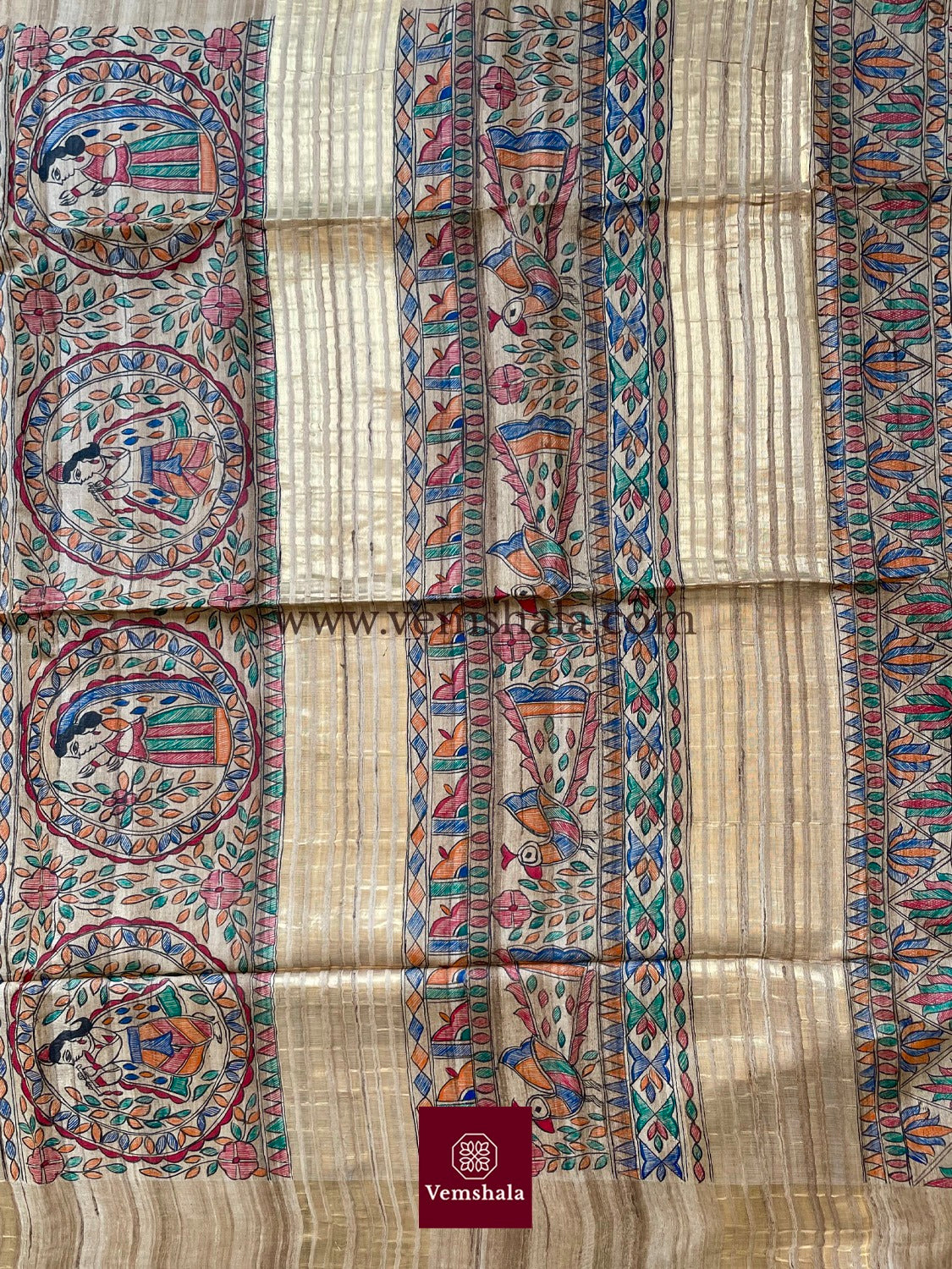 Natural / Multi/Gold Madhubani Silk Saree - Vemshala