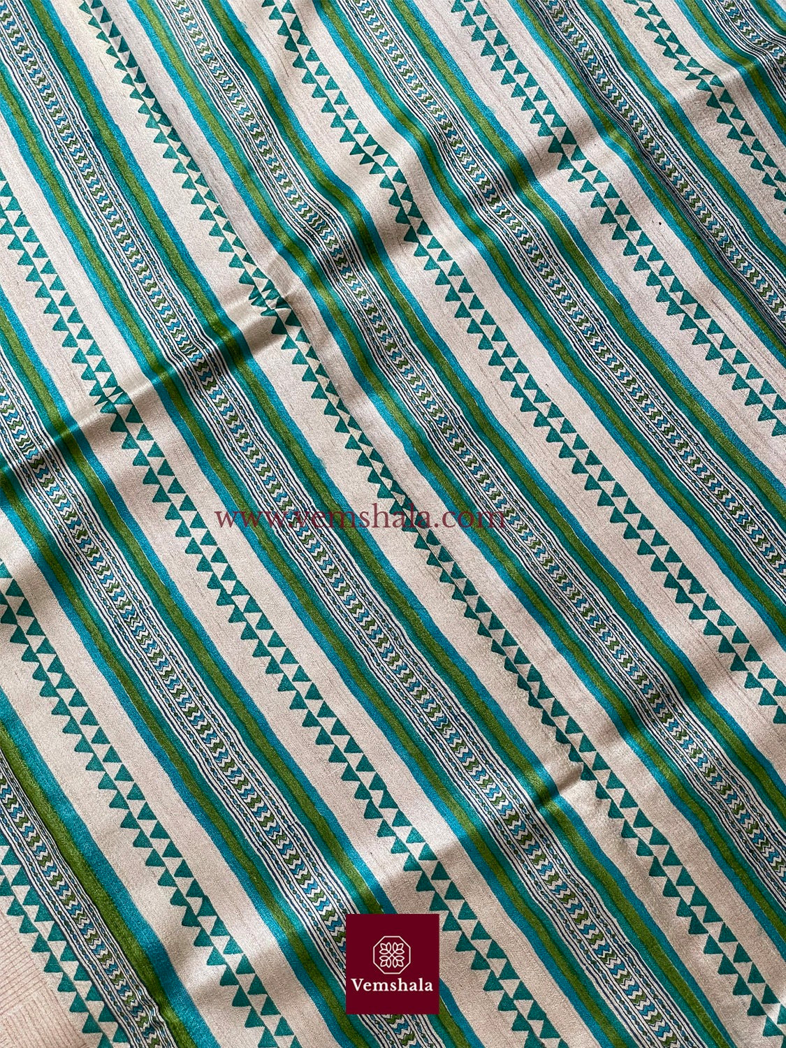 Natural/Green/ Turquoise Blue Hand Block Print Tussar Silk Saree: Guldaar - Vemshala