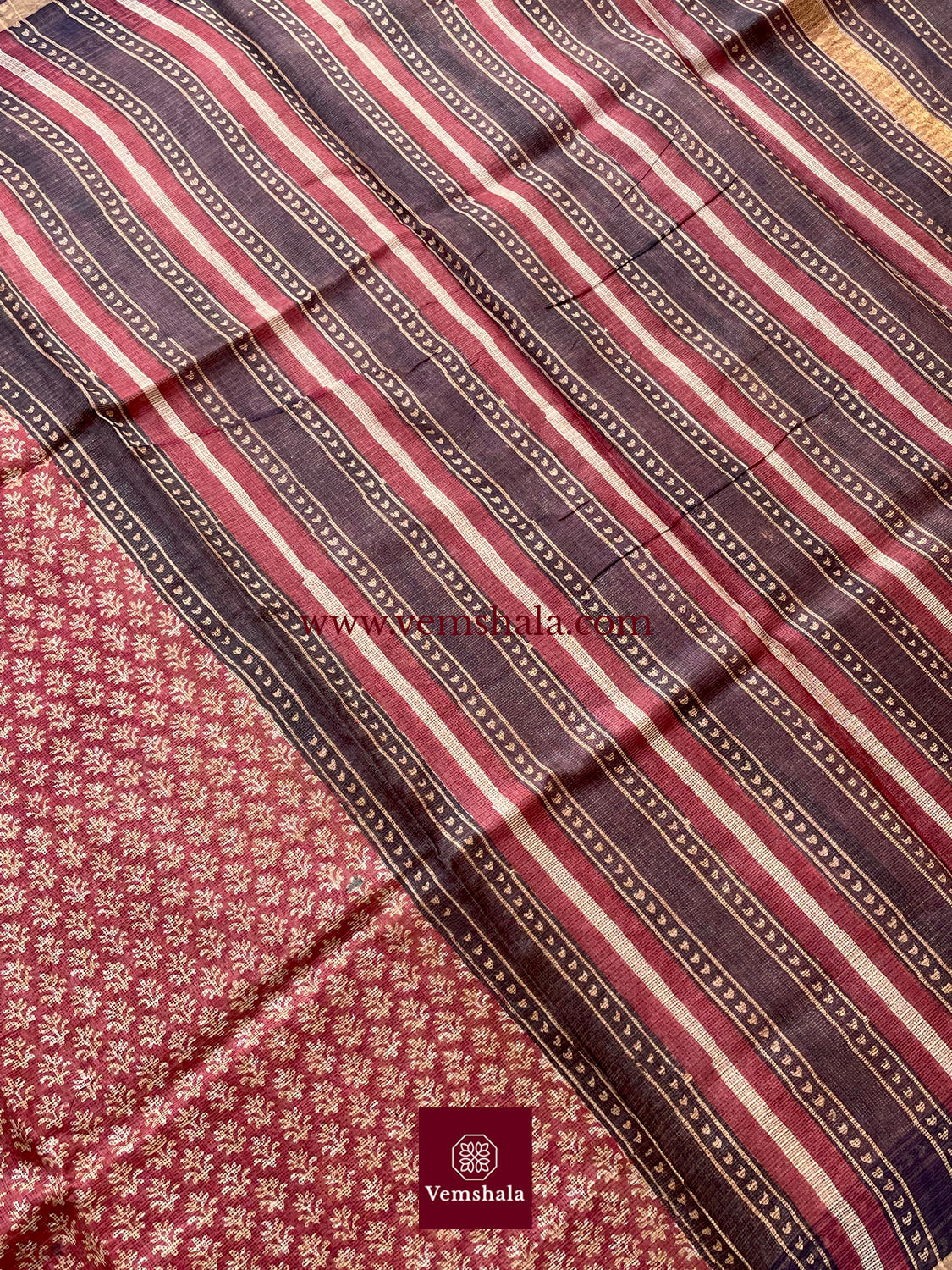 Red/ Ecru/ Black Bagru Hand block print Kota Silk Saree : Oorjaa - Vemshala