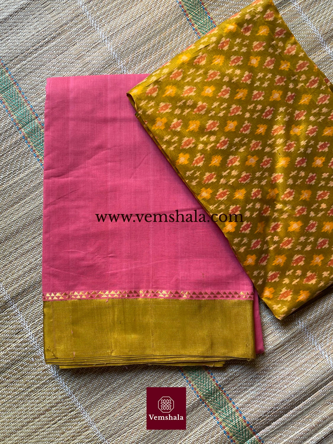 Rose / Light Green Ponduru Cotton Saree : Pankhuri - Vemshala