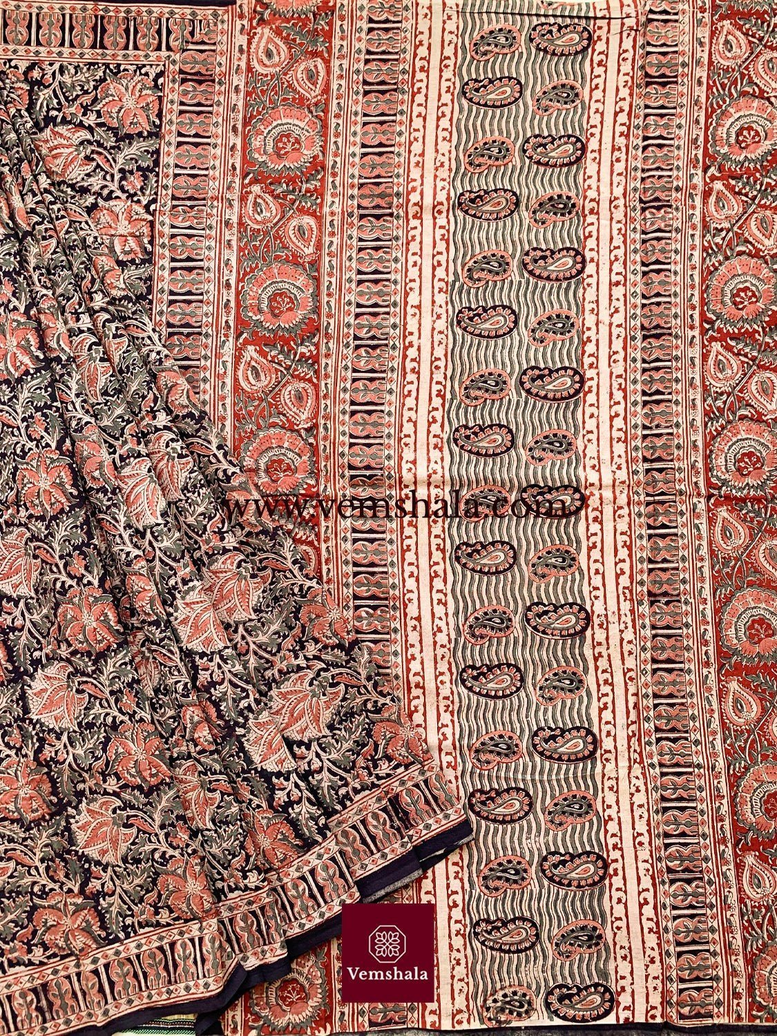 Antique Orange / Multi Pedana Kalamkari Hand Block print Cotton Saree - Vemshala