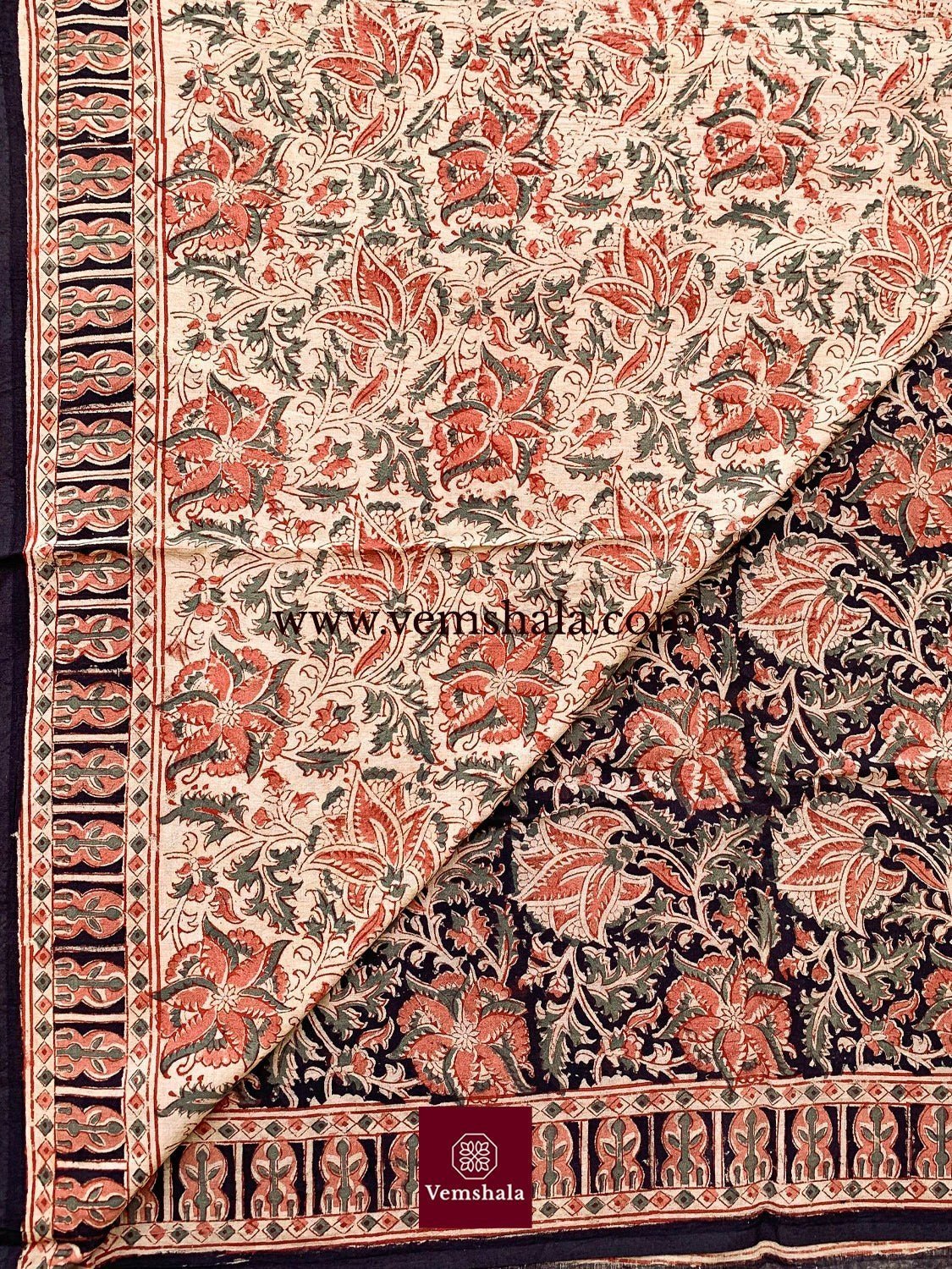 Antique Orange / Multi Pedana Kalamkari Hand Block print Cotton Saree - Vemshala