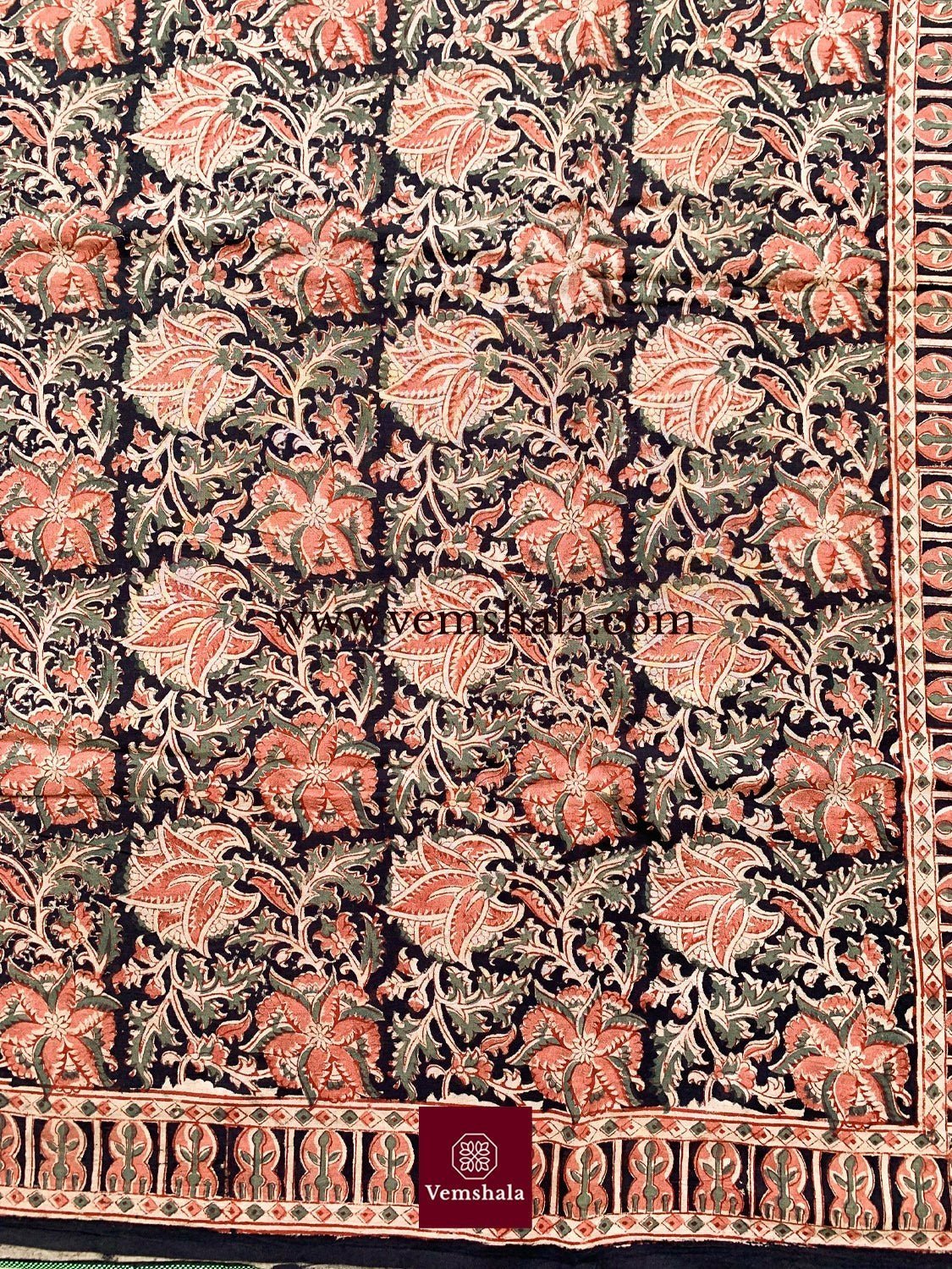 Antique Orange / Multi Pedana Kalamkari Hand Block print Cotton Saree - Vemshala