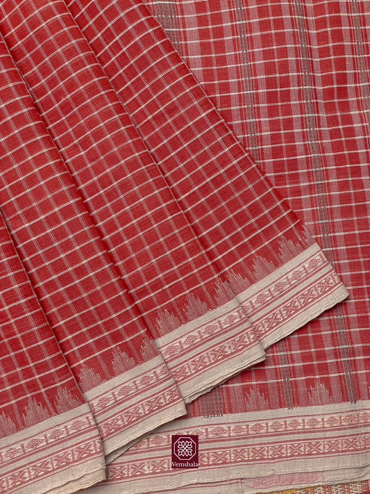 Red Checks Ponduru Cotton Saree