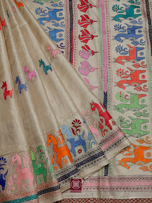 Natural / Multi Color Tussar Silk Kantha Hand Embroidered Saree