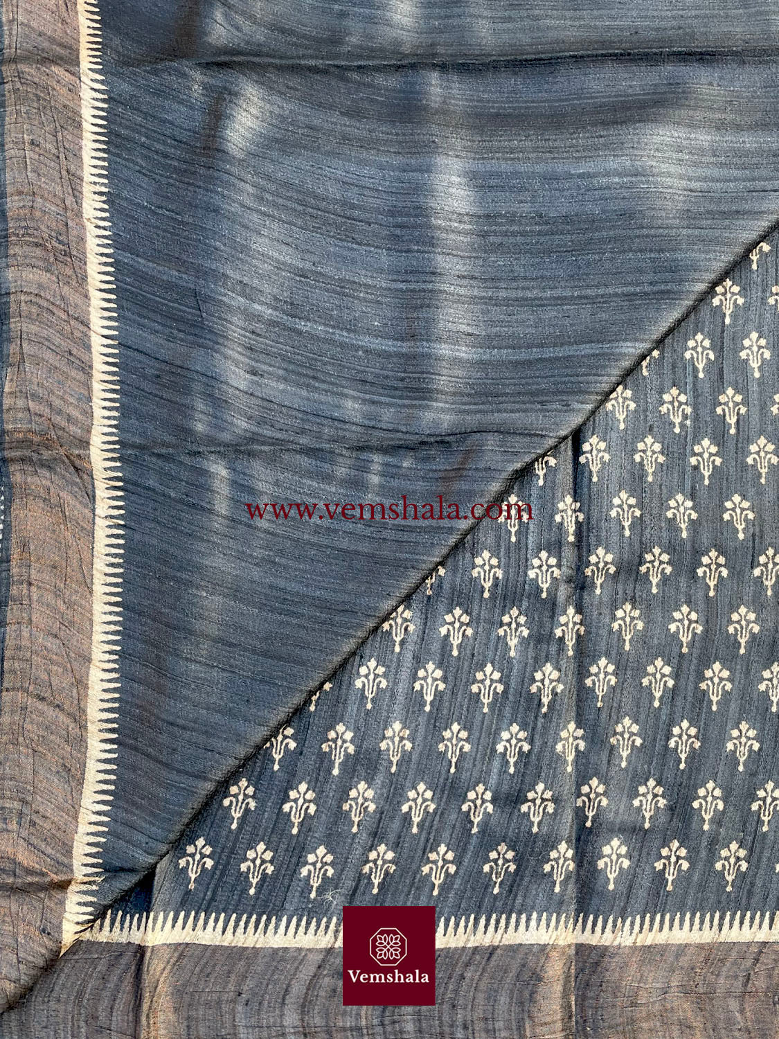 Black/ Ecru/ Gold Hand Block Print Tussar Silk Saree - Vemshala