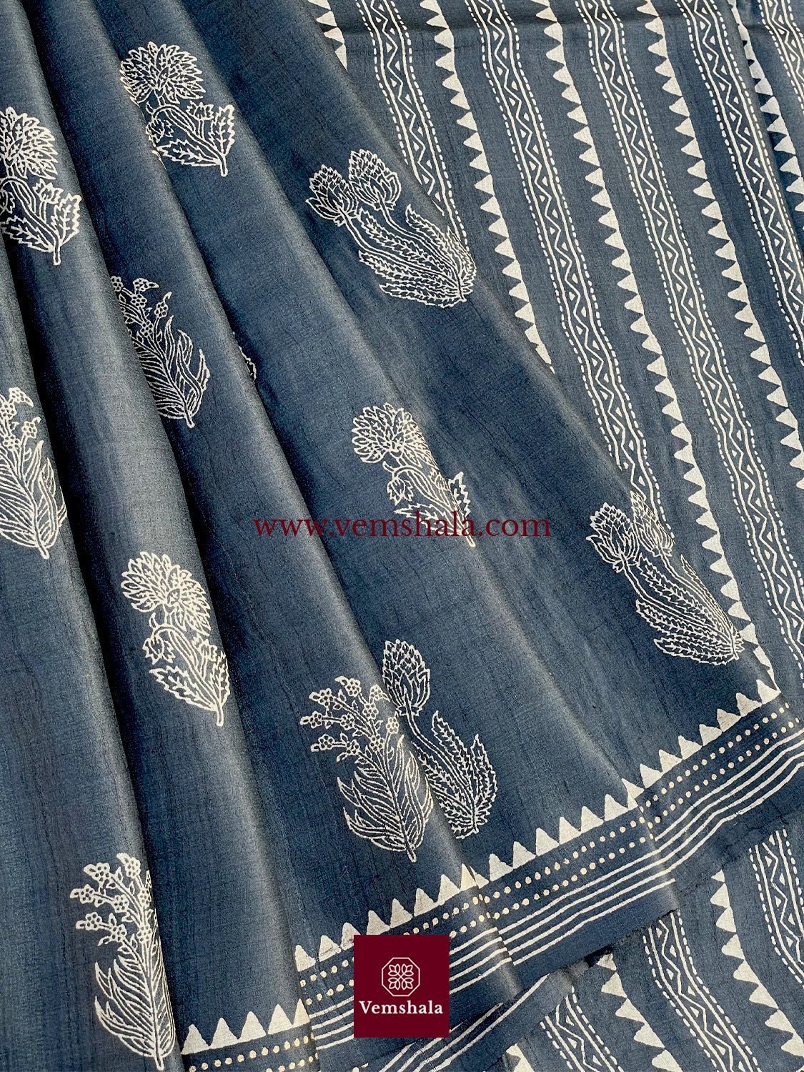 Black/ Ecru/ Natural Hand Block Print Tussar Silk Saree - Vemshala