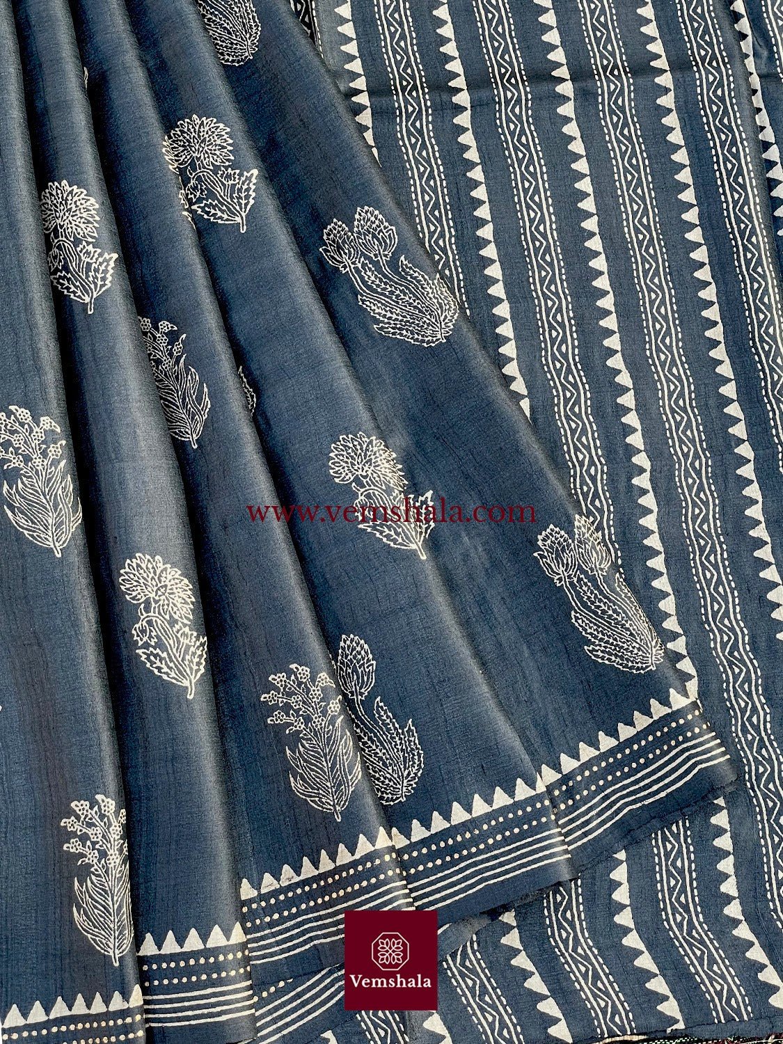 Black/ Ecru/ Natural Hand Block Print Tussar Silk Saree - Vemshala