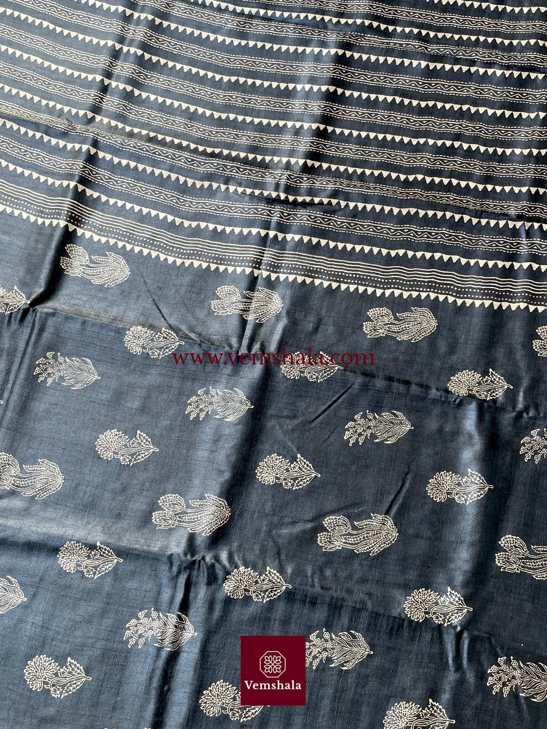 Black/ Ecru/ Natural Hand Block Print Tussar Silk Saree - Vemshala