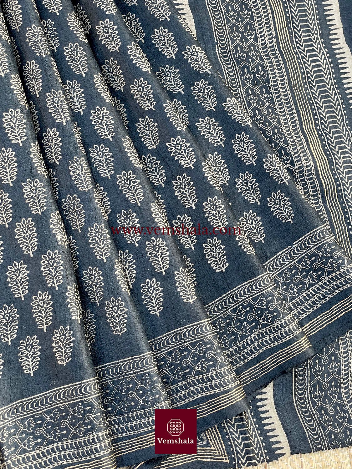 Black / Ecru/ Natural Hand Block Print Tussar Silk Saree - Vemshala