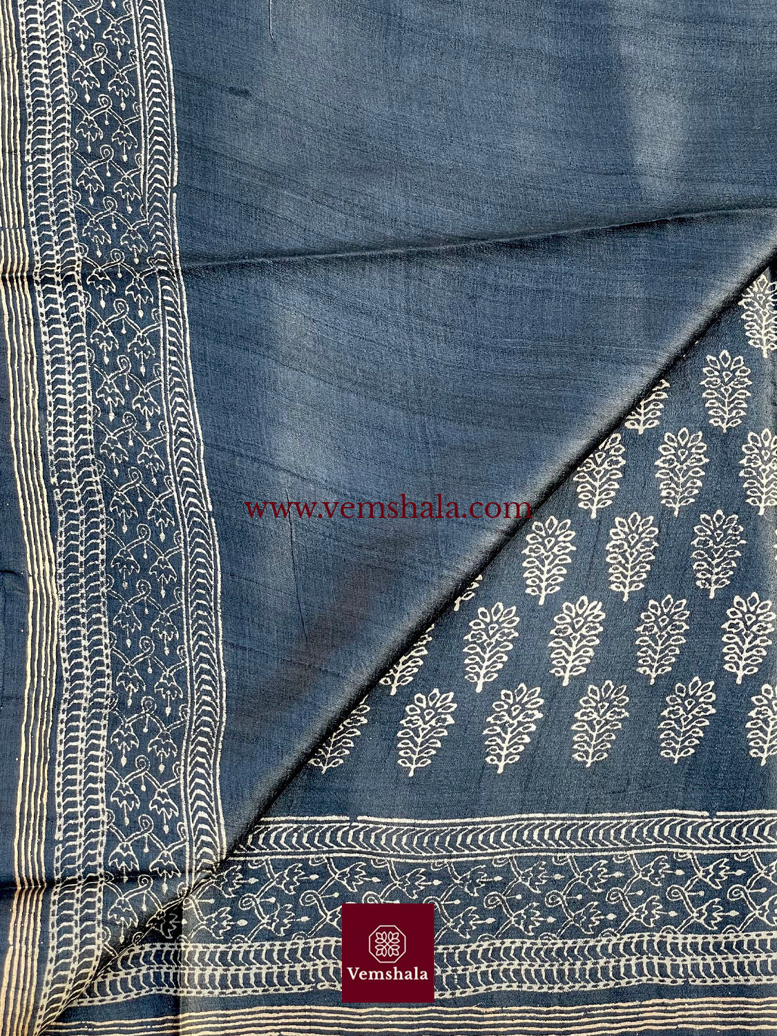 Black / Ecru/ Natural Hand Block Print Tussar Silk Saree - Vemshala