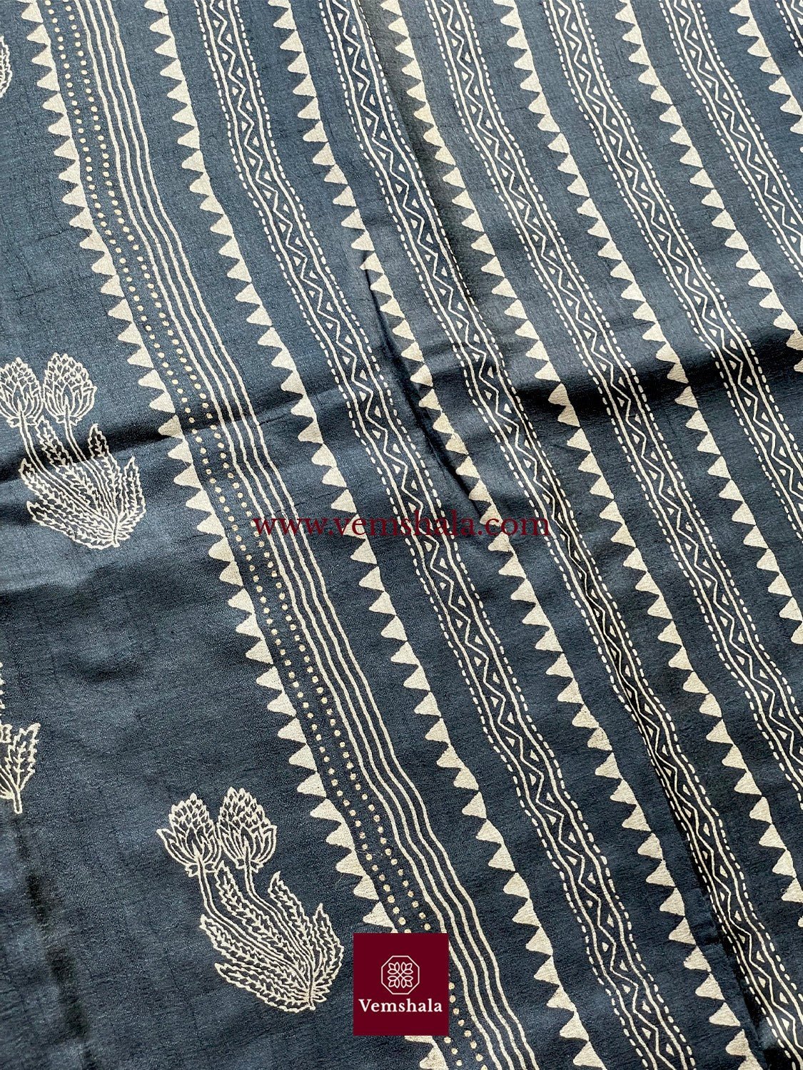 Black/ Ecru/ Natural Hand Block Print Tussar Silk Saree - Vemshala