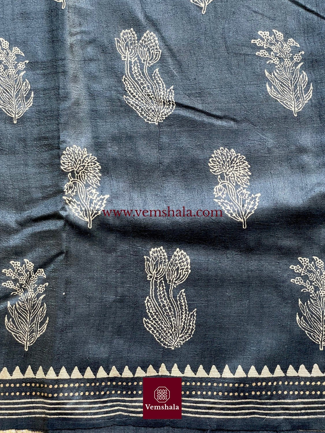 Black/ Ecru/ Natural Hand Block Print Tussar Silk Saree - Vemshala