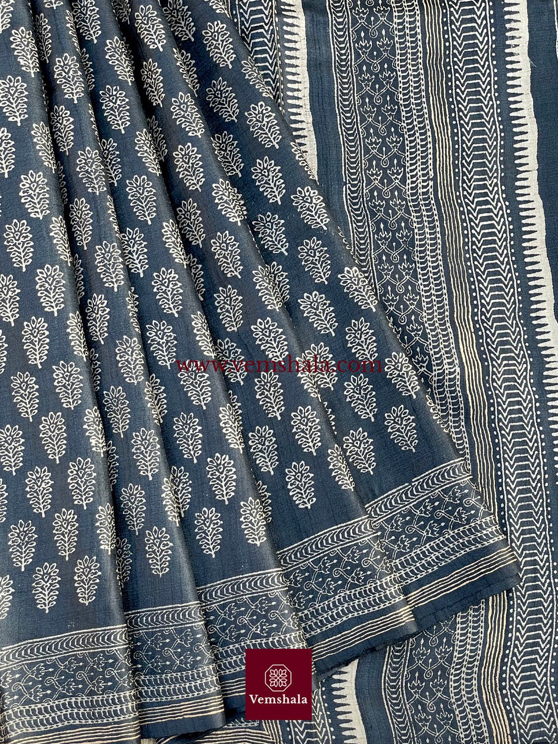 Black / Ecru/ Natural Hand Block Print Tussar Silk Saree - Vemshala