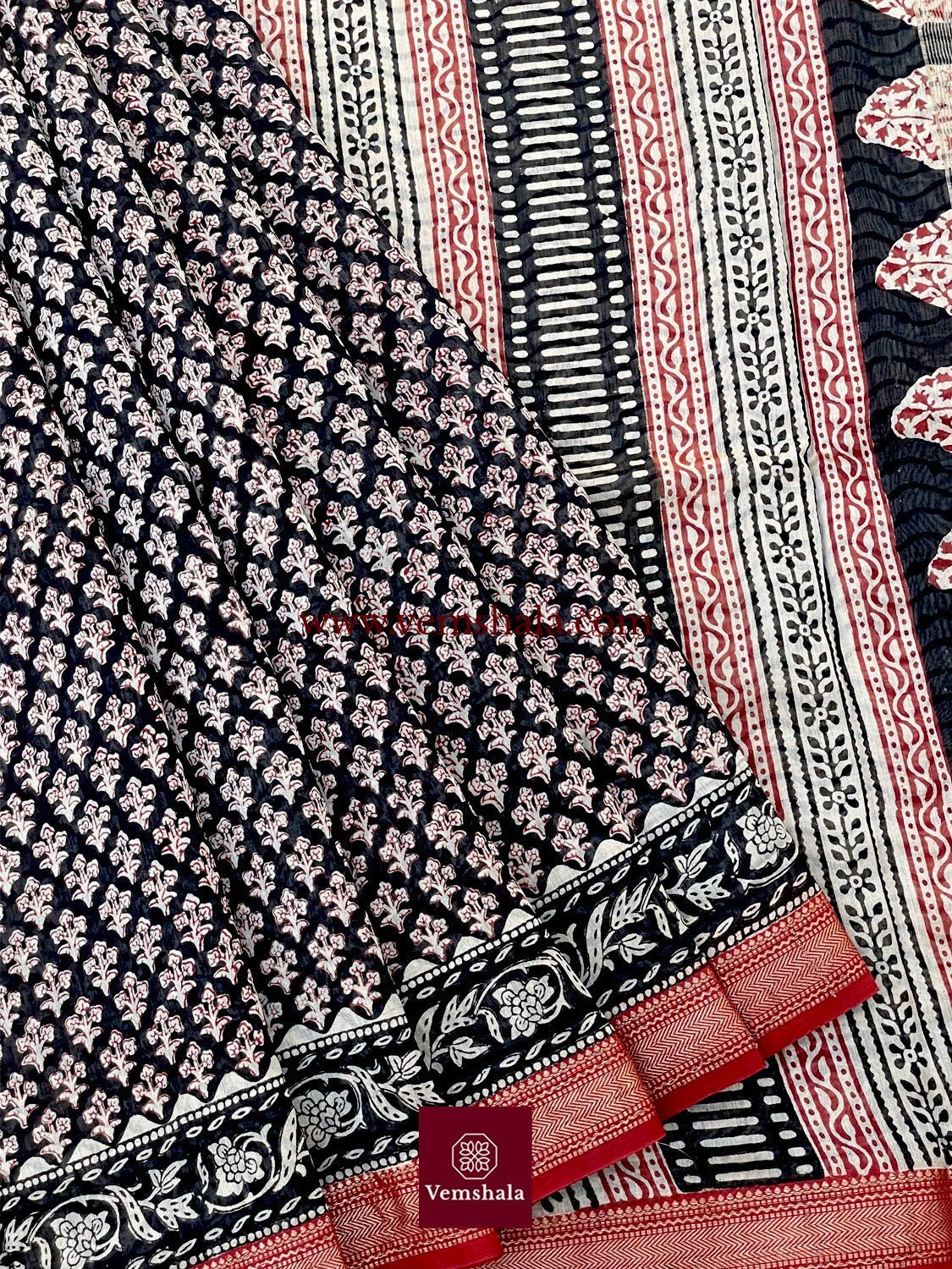 Black / Ecru/ Red Bagru Hand block print Silk Cotton Saree : Reena - Vemshala