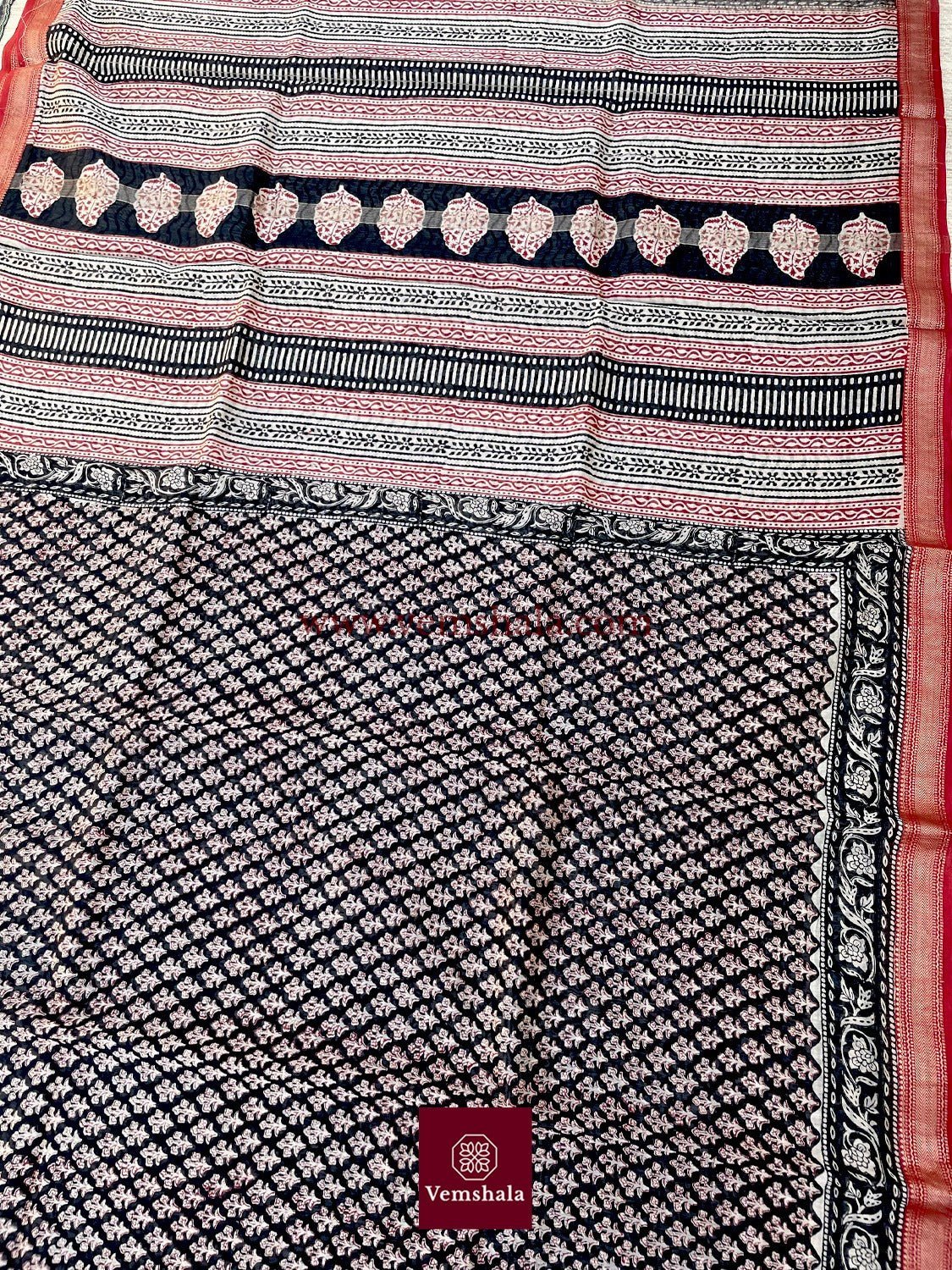 Black / Ecru/ Red Bagru Hand block print Silk Cotton Saree : Reena - Vemshala