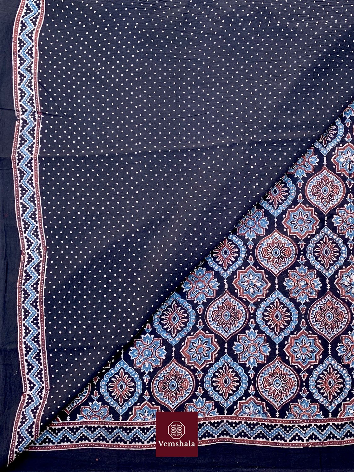 Black/ Indigo Ajrakh Cotton Saree : Shyama - Vemshala