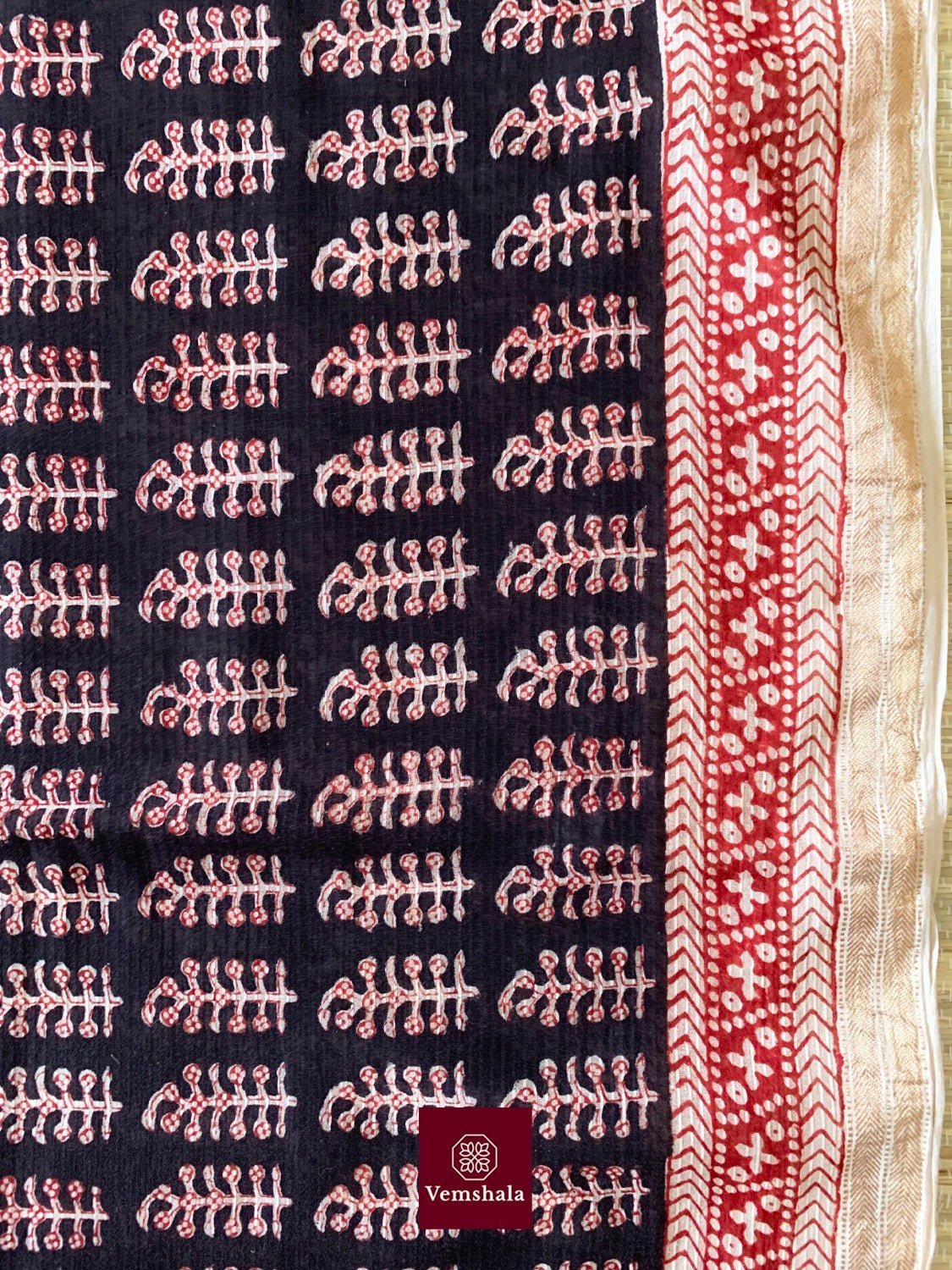 Black / Maroon Maheswari Bagh Hand block print Saree: Faiza - Vemshala