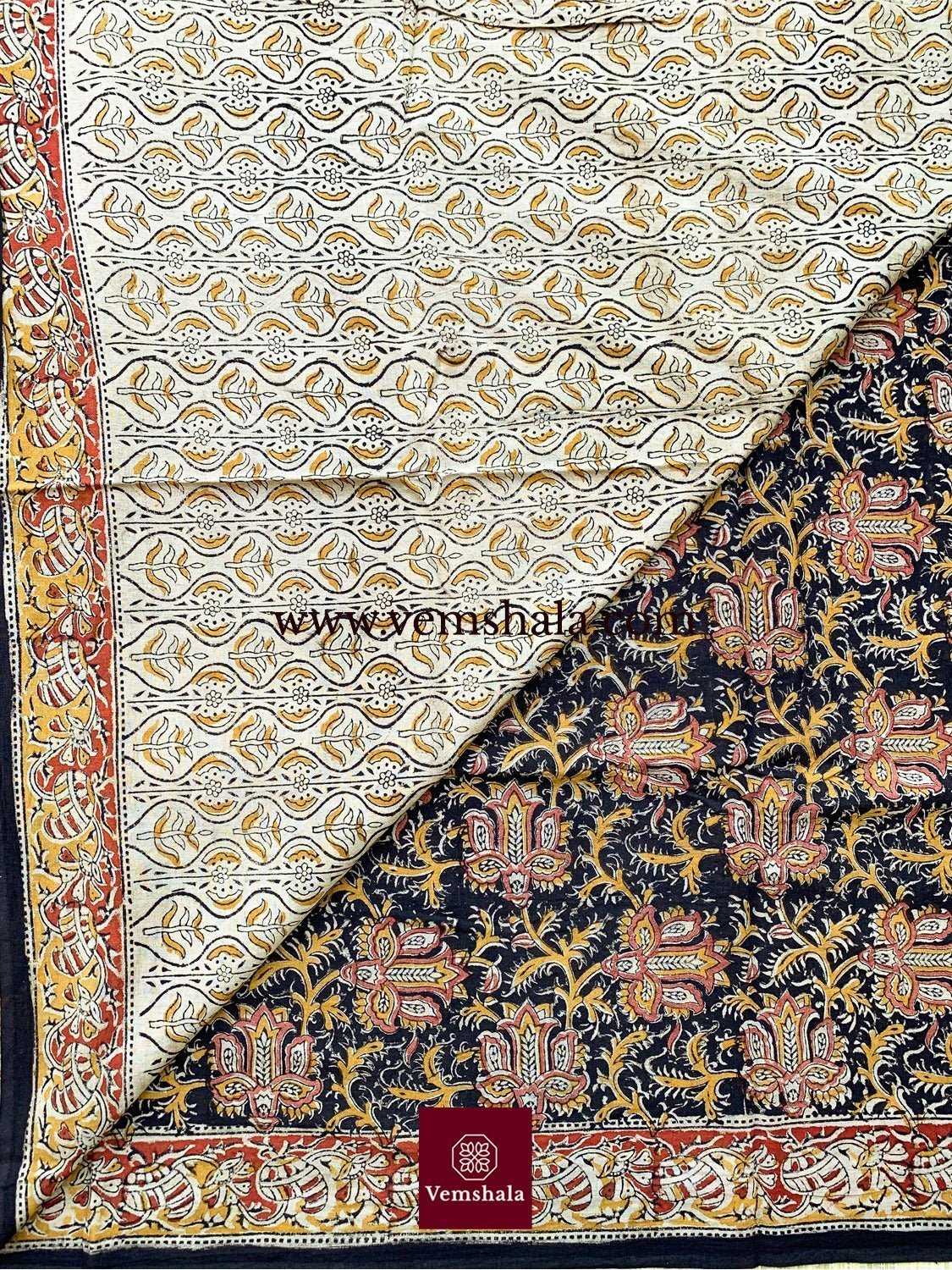 Black / Multi Pedana Kalamkari Hand Block print Cotton Saree - Vemshala