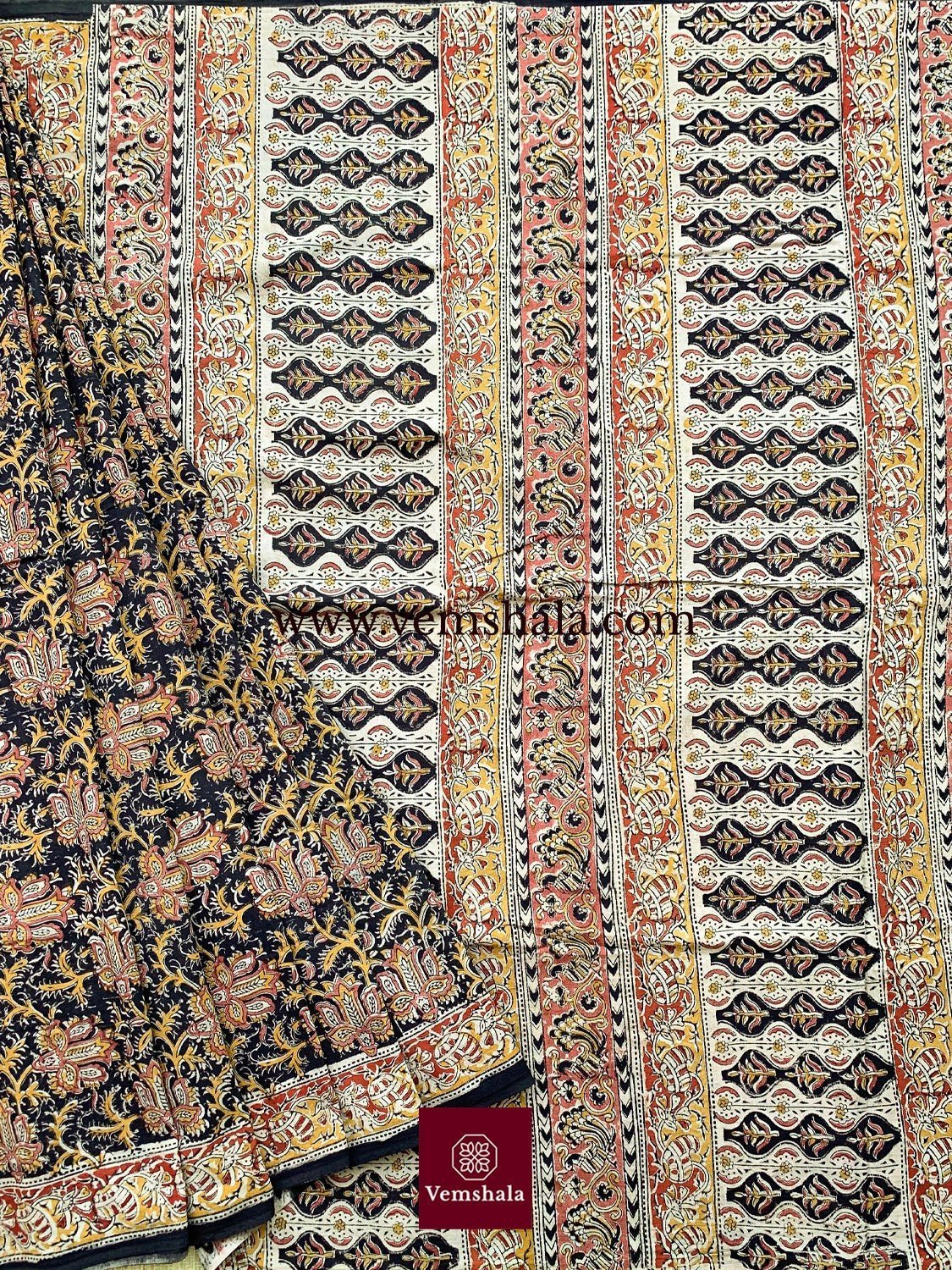 Black / Multi Pedana Kalamkari Hand Block print Cotton Saree - Vemshala